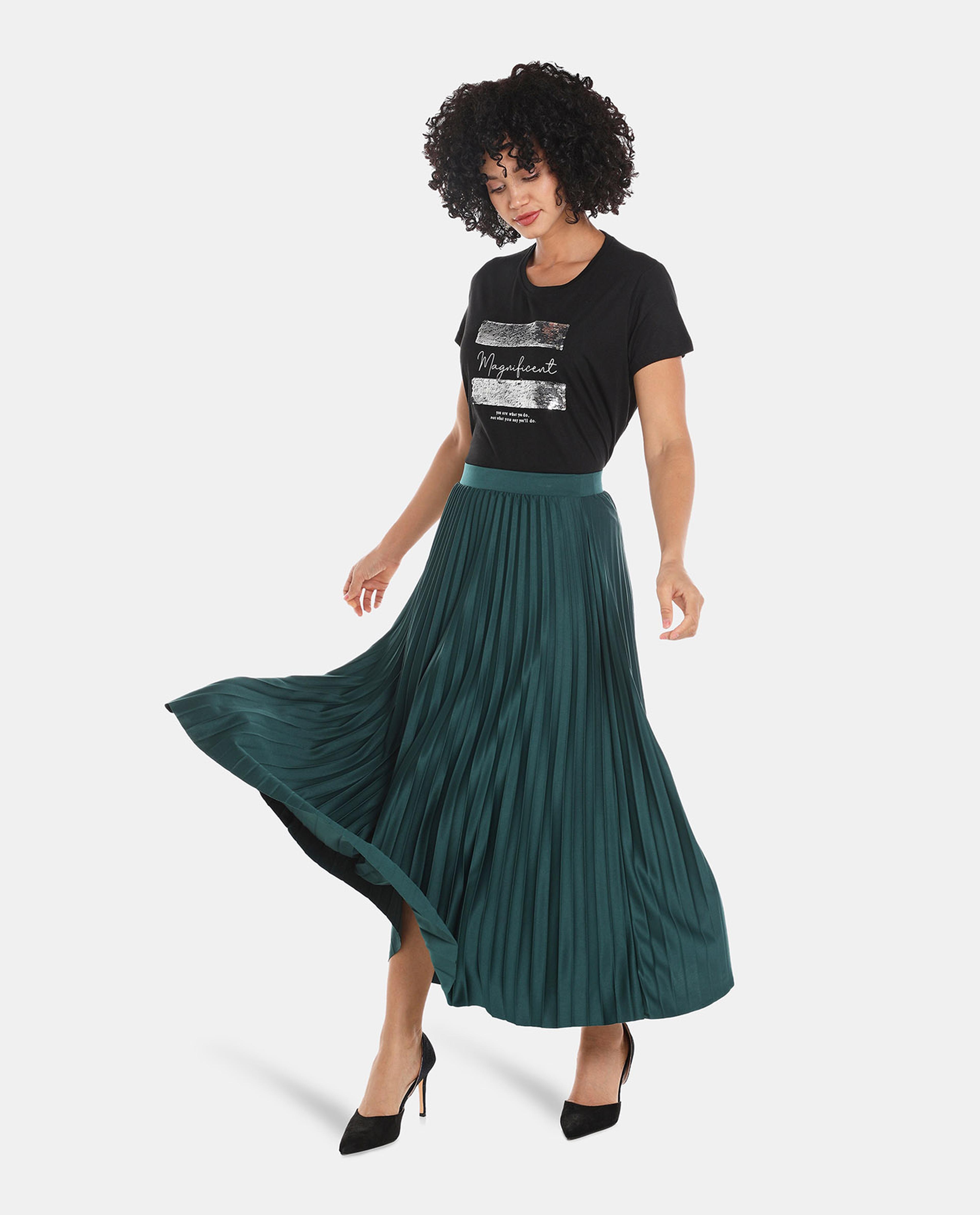 Green Polyester Pleated Skirt