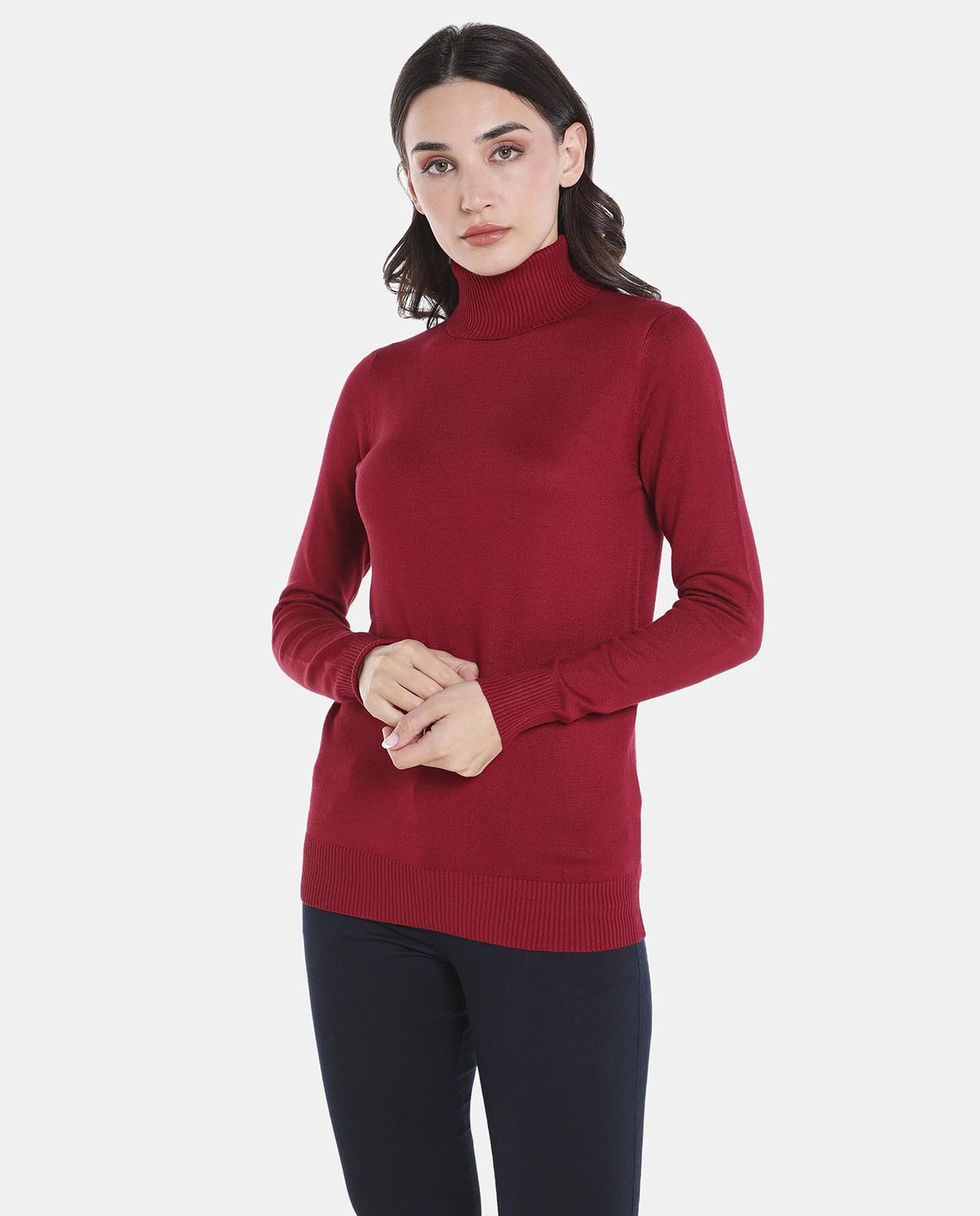 Red Solid Turtle Neck Top