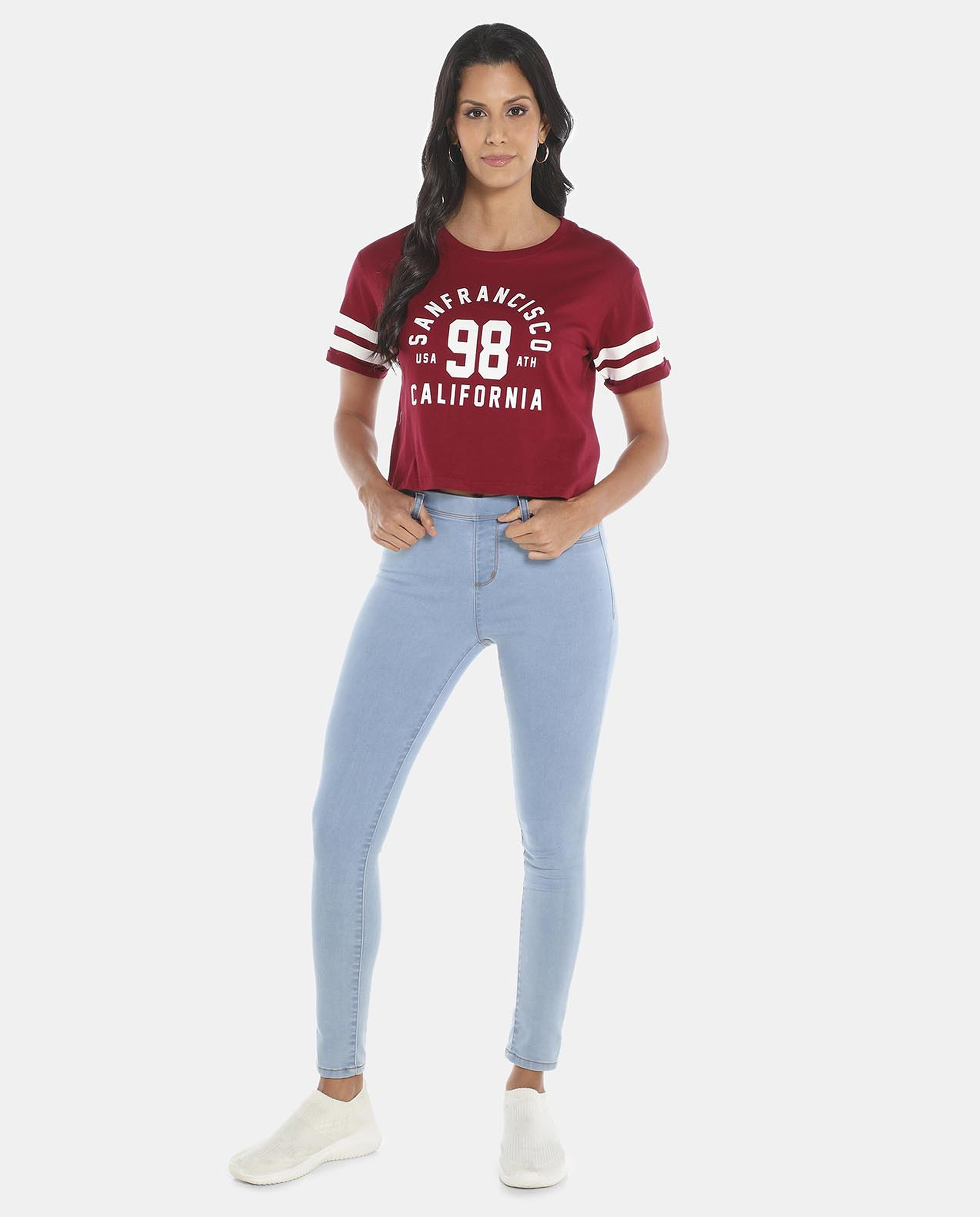 Burgundy Printed Regular Fit Cropped T-Shirt