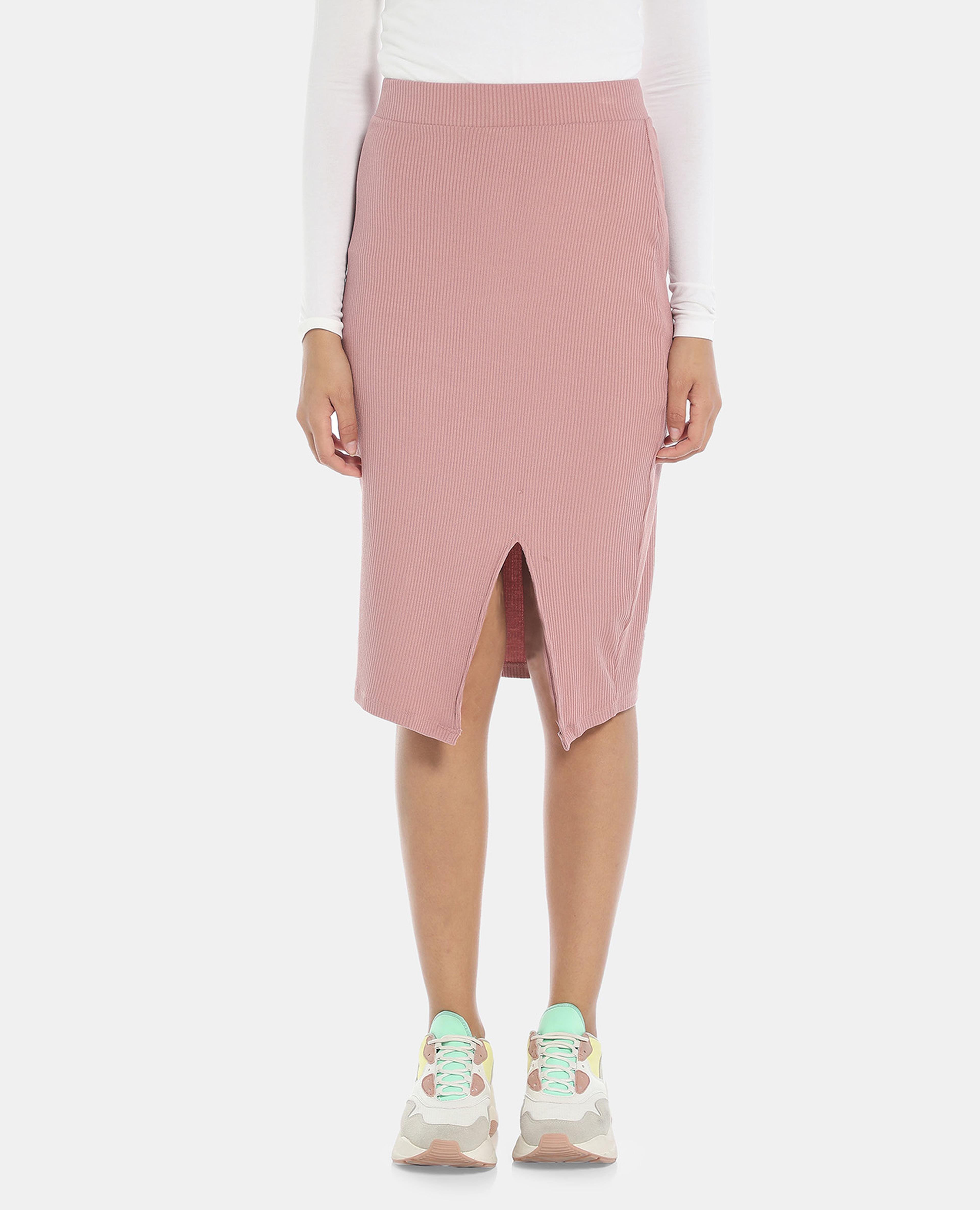 R&B Pink Solid Slit Skirt