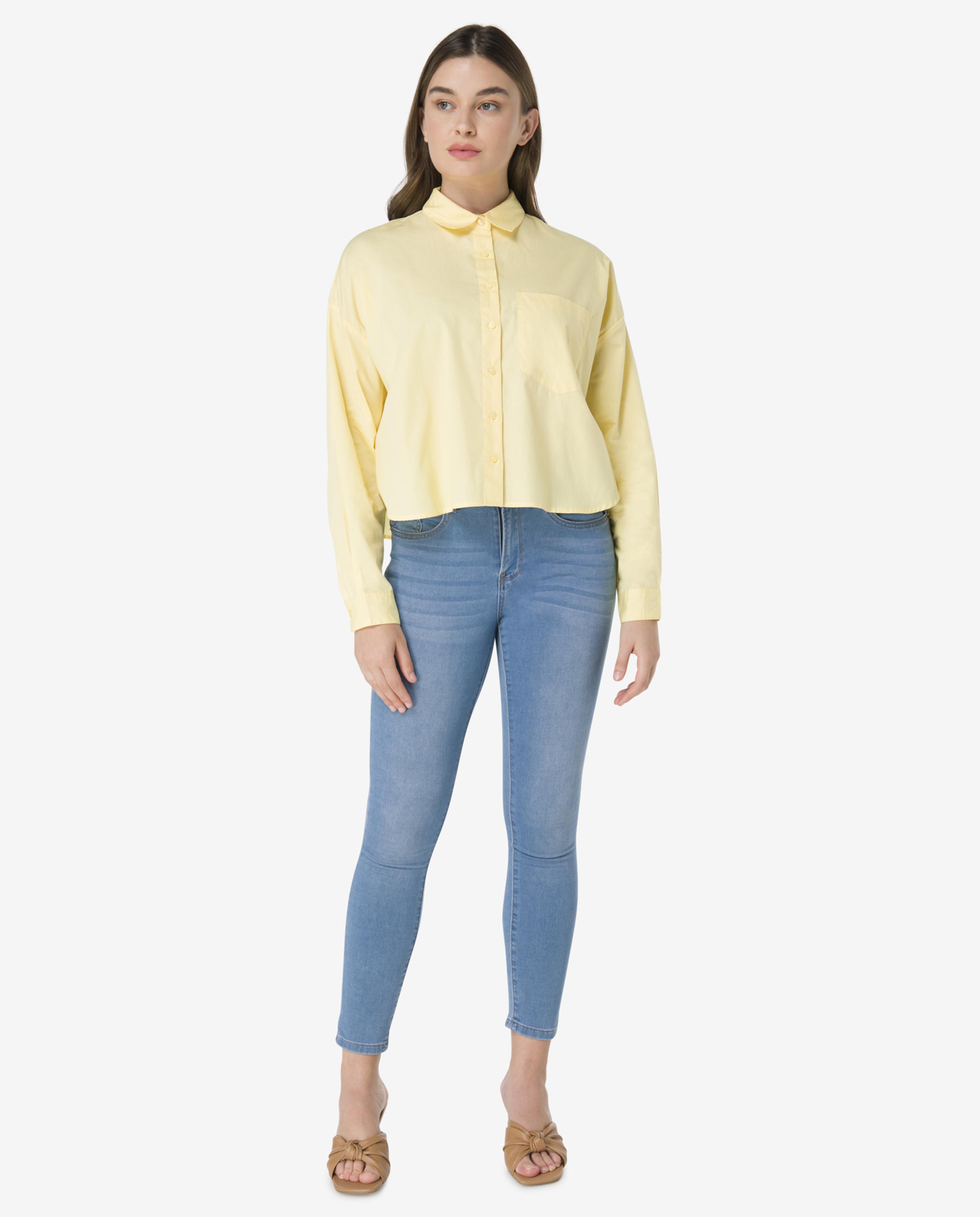 Yellow Young Woven Fashion Crop Shirt