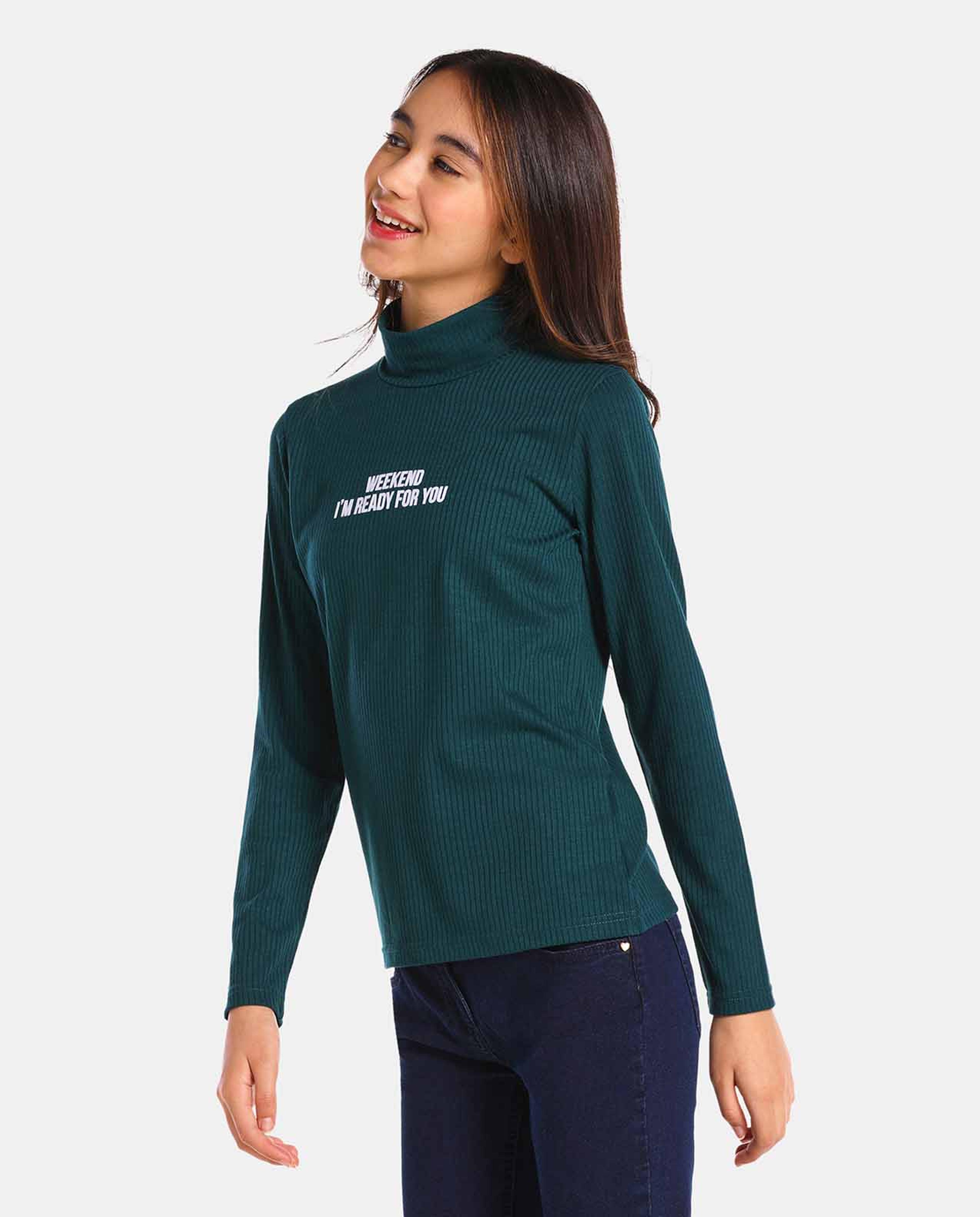 Blue Polyester Turtle Neck Tee