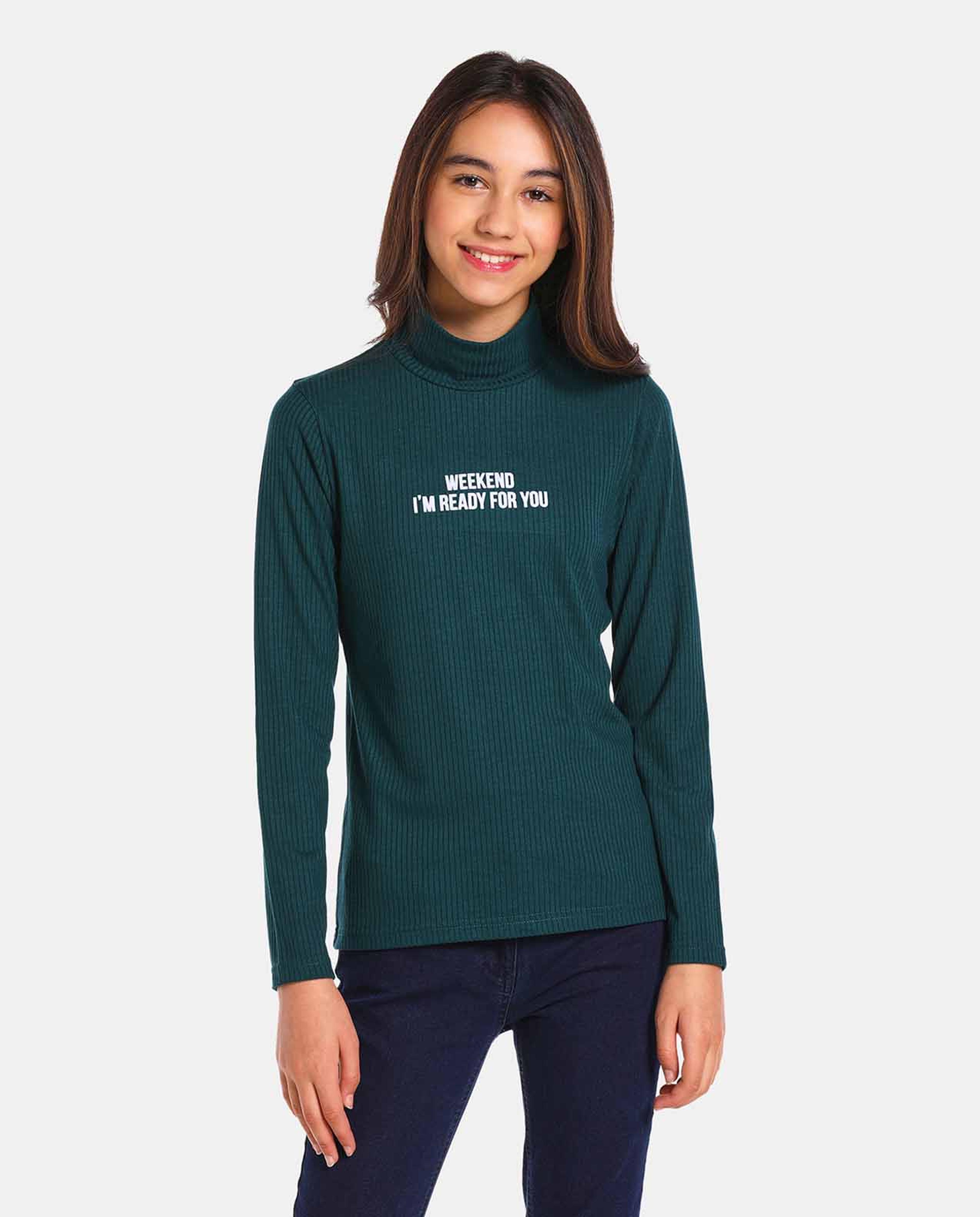 Blue Polyester Turtle Neck Tee