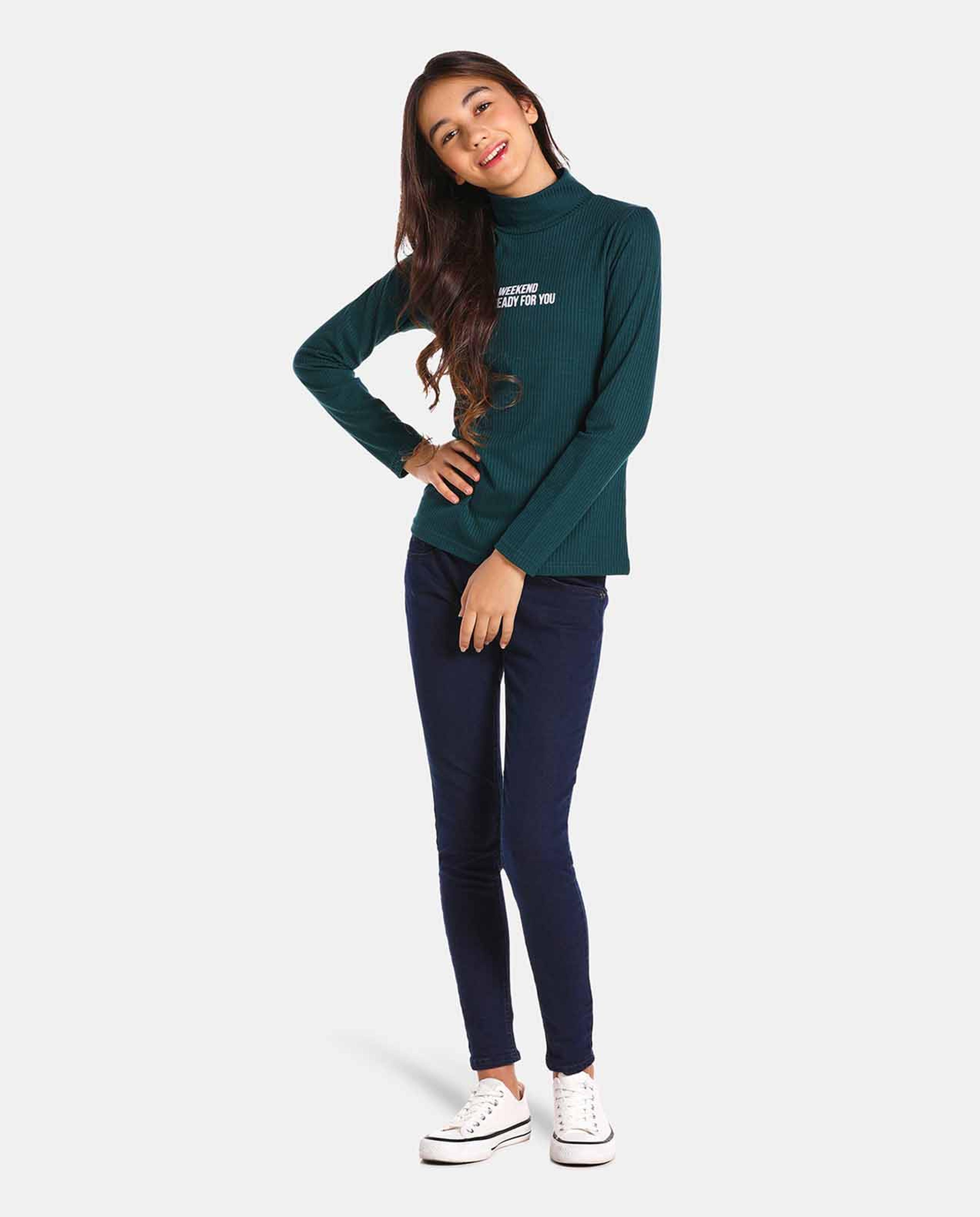 Blue Polyester Turtle Neck Tee