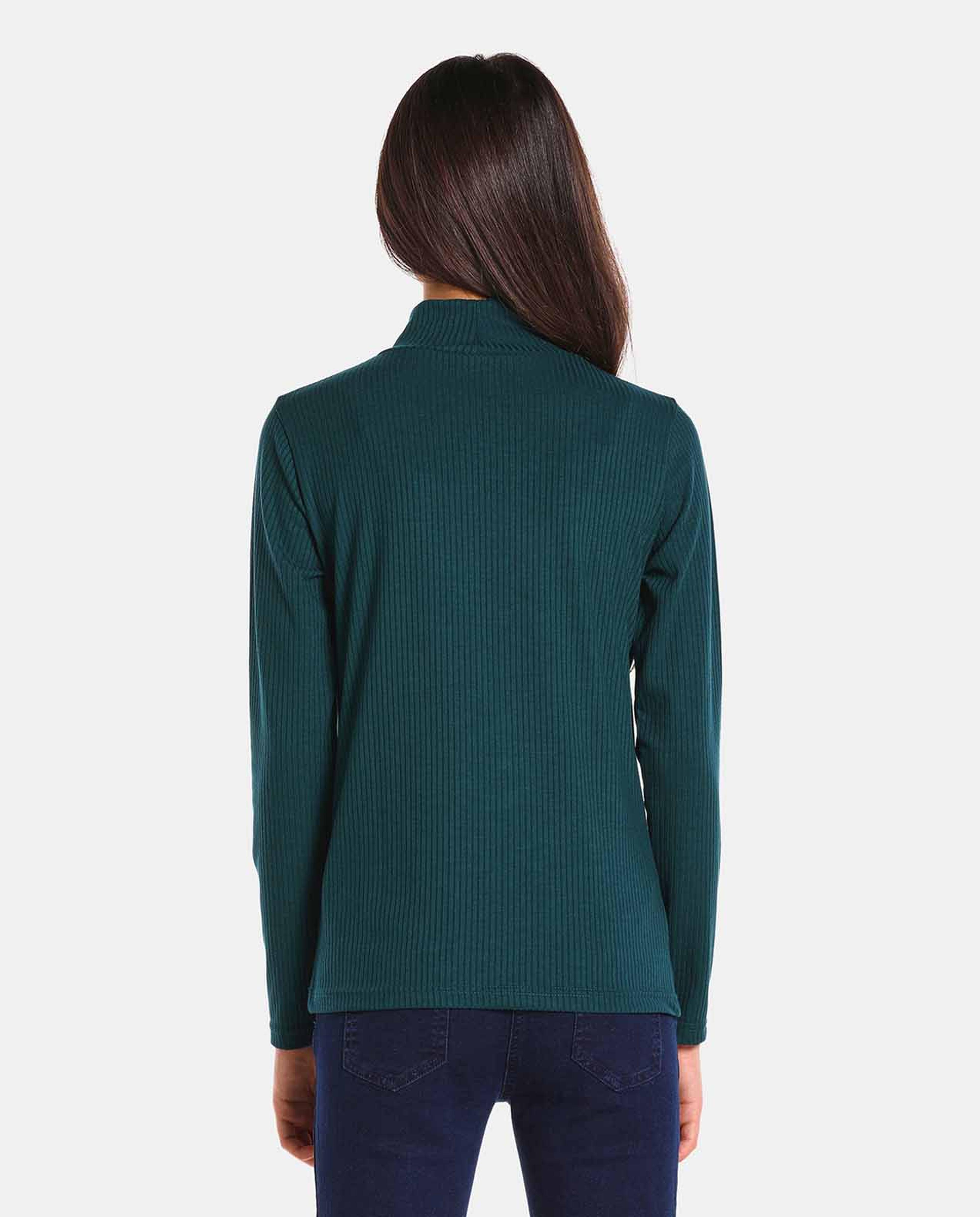 Blue Polyester Turtle Neck Tee