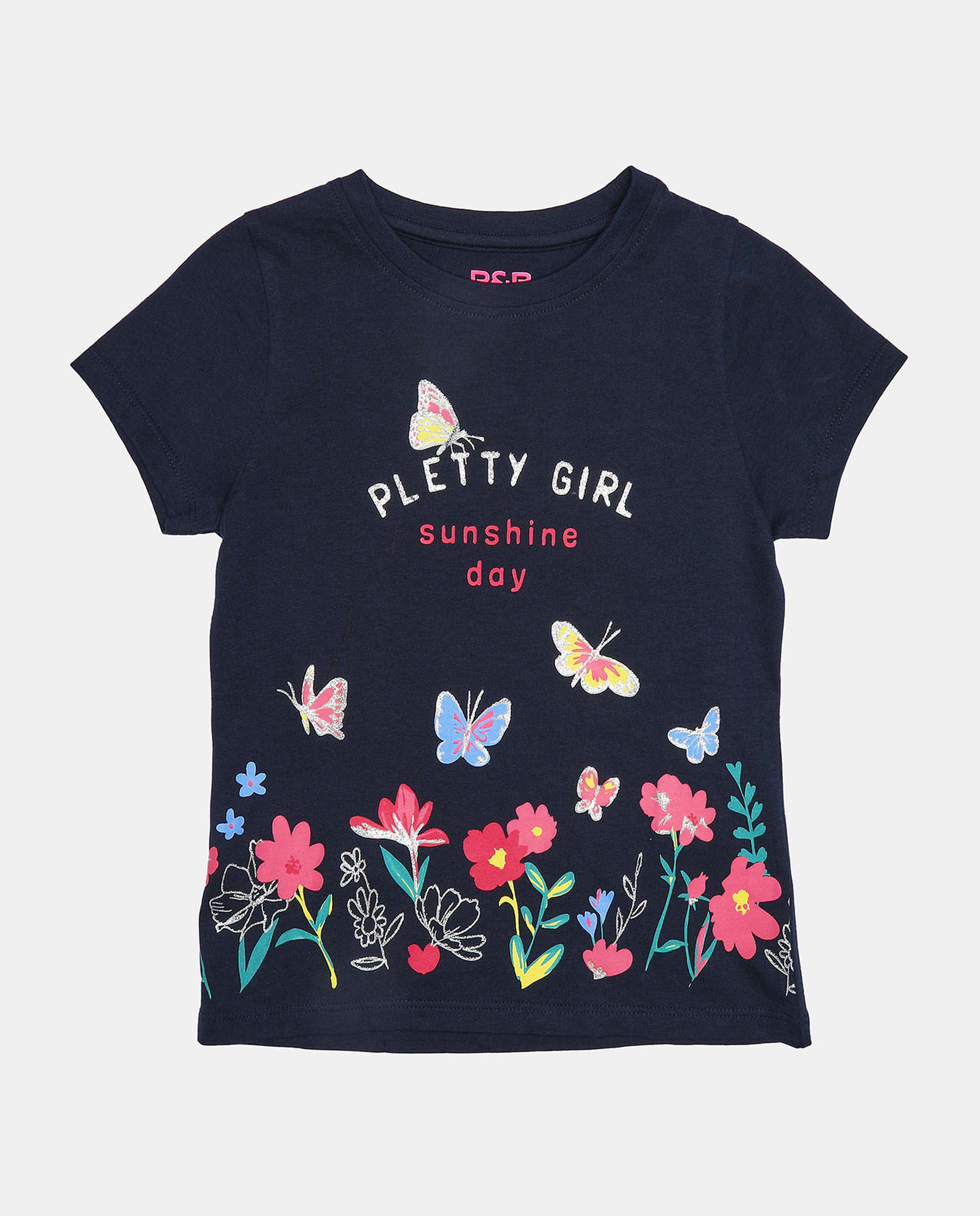 Navy Blue Short Sleeve Graphic Design T-Shirt