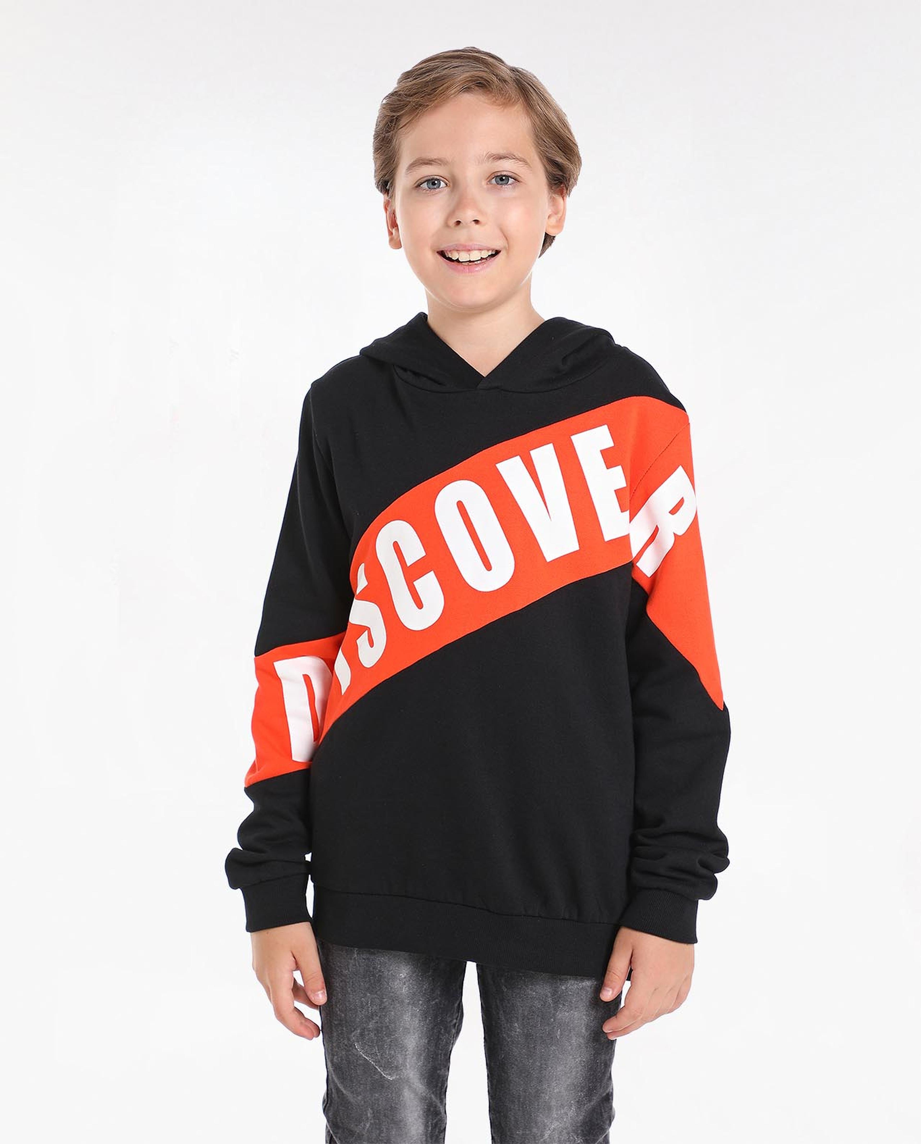 Typography Printed Sweatshirt with Hooded Neck and Long Sleeves