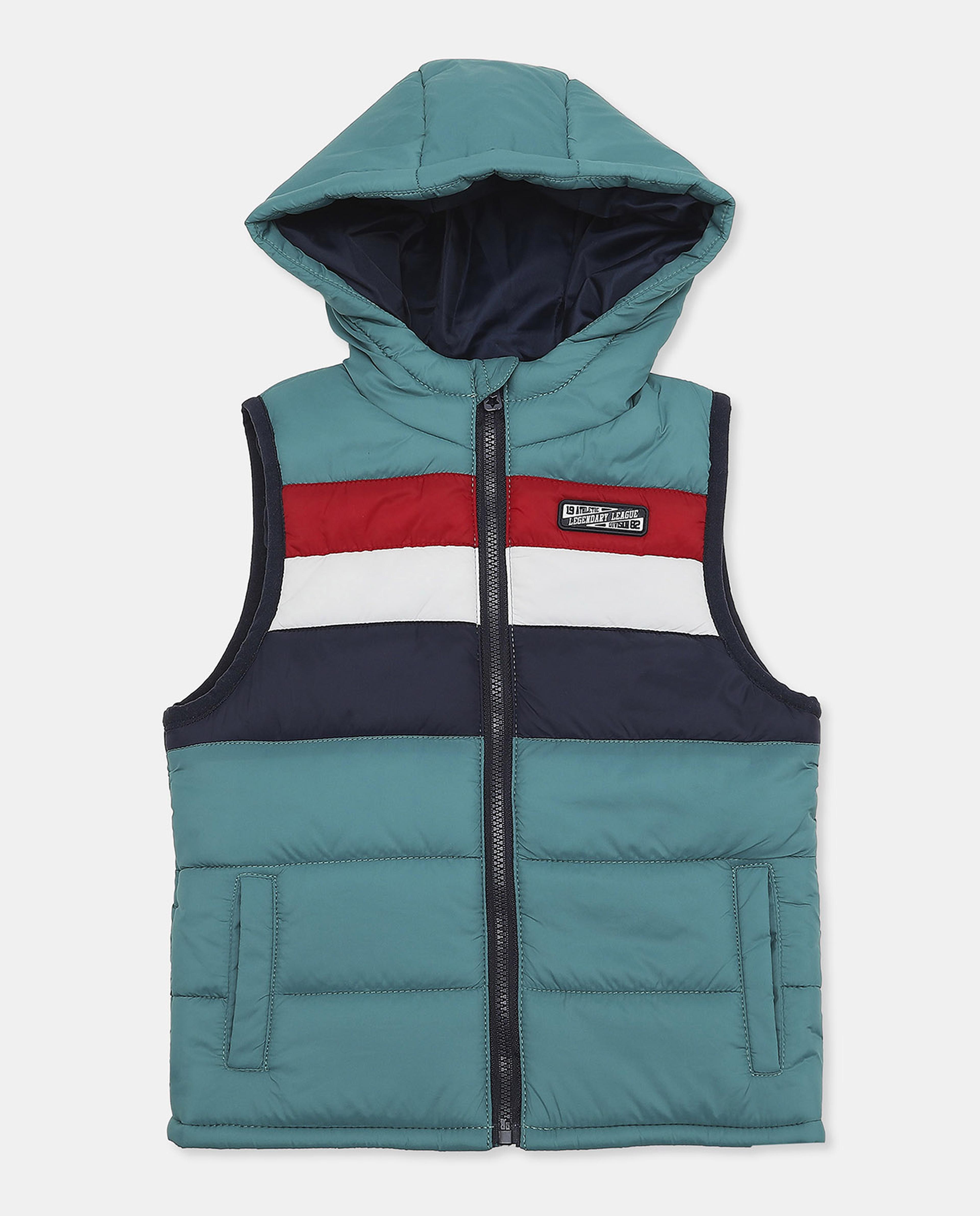Color Block Hooded Puffer Vest Jacket with Zippered Closure
