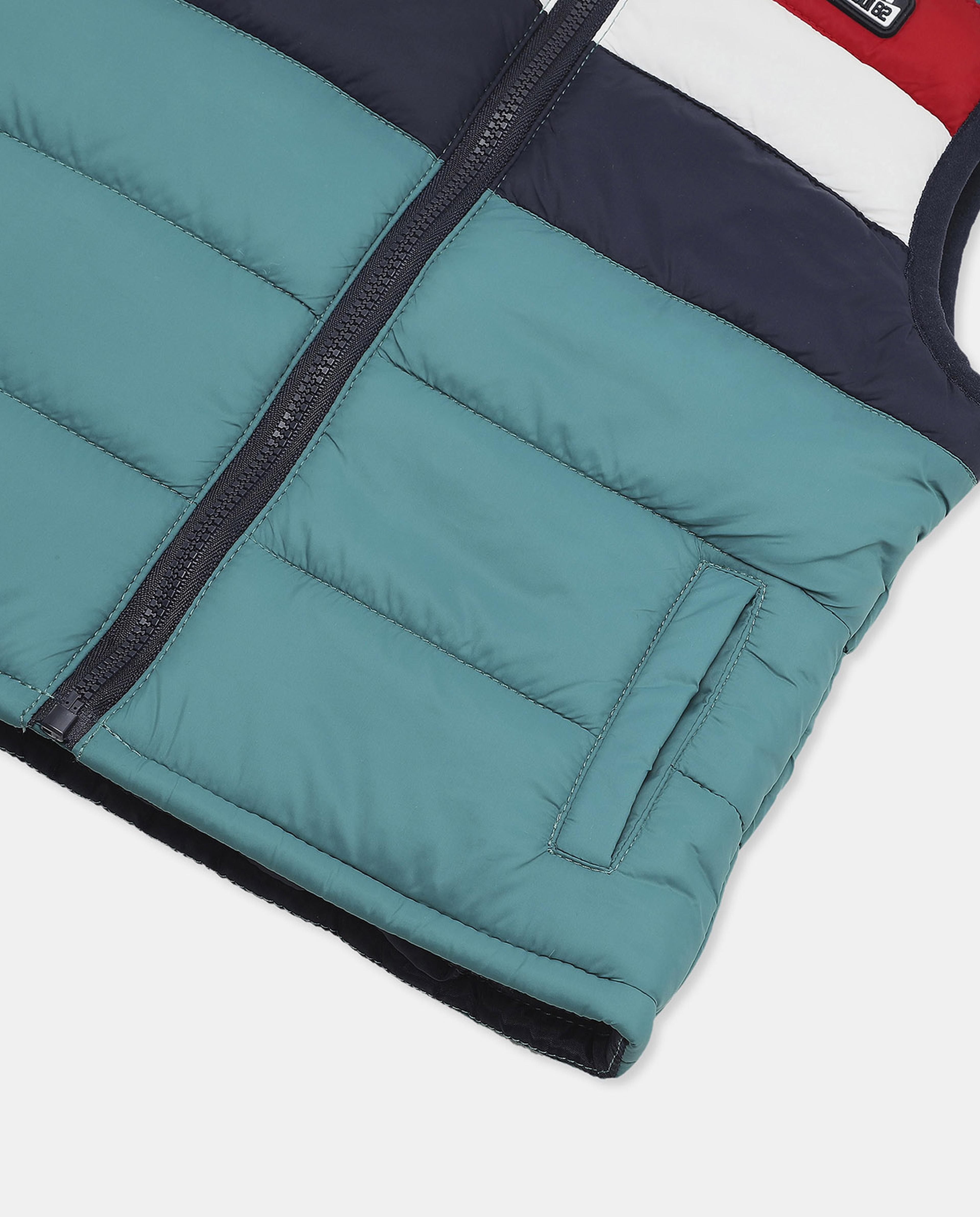 Color Block Hooded Puffer Vest Jacket with Zippered Closure