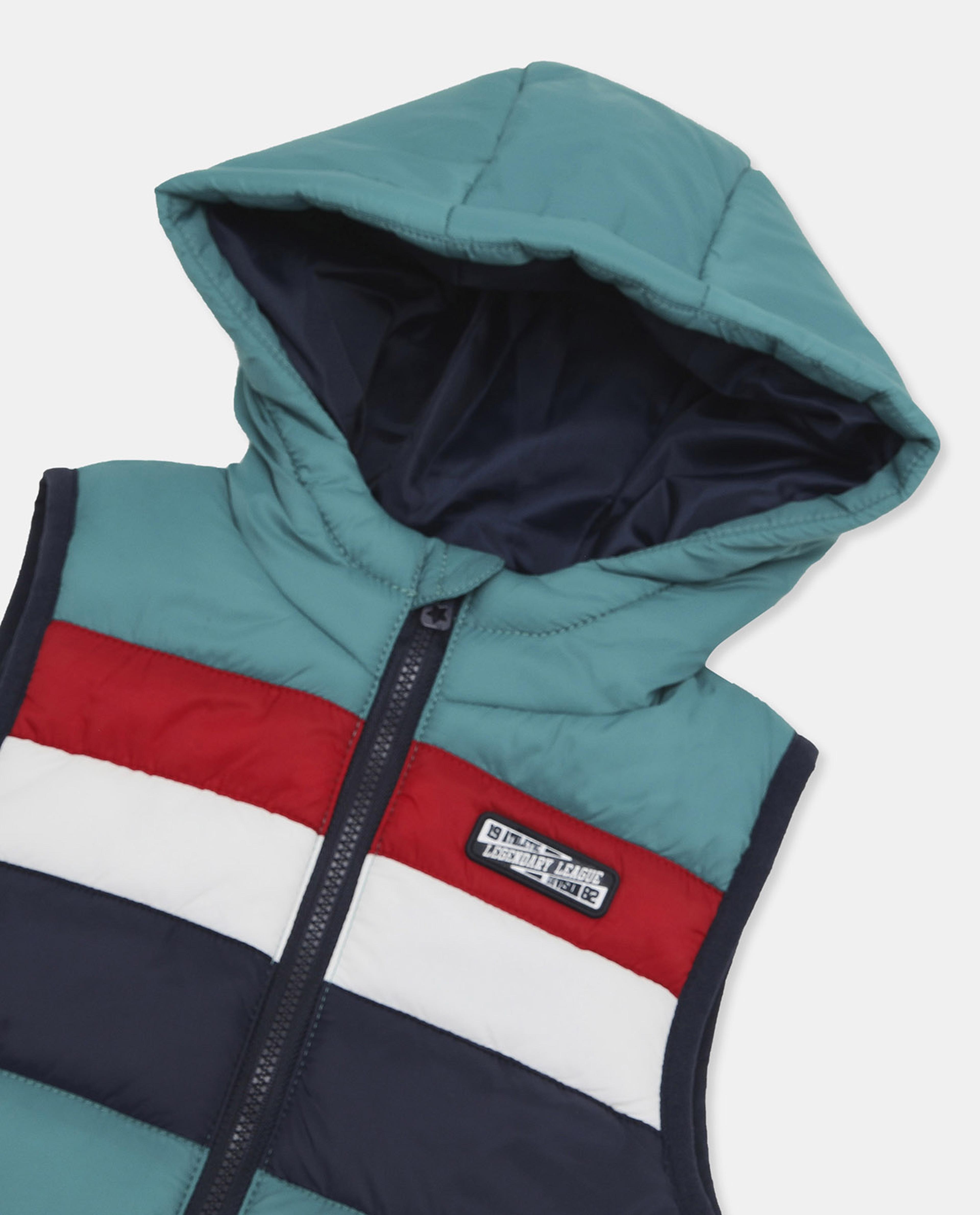 Color Block Hooded Puffer Vest Jacket with Zippered Closure