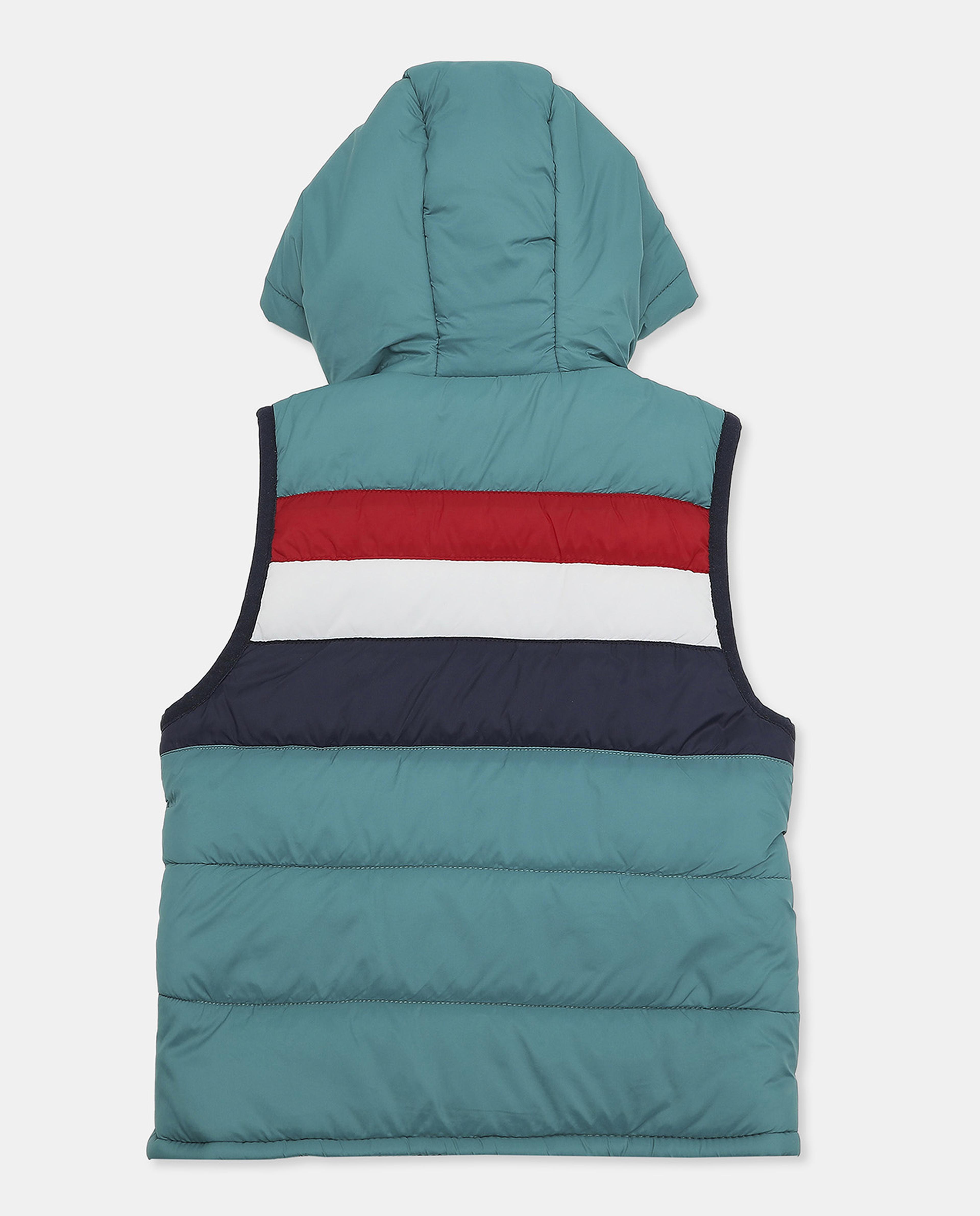 Color Block Hooded Puffer Vest Jacket with Zippered Closure