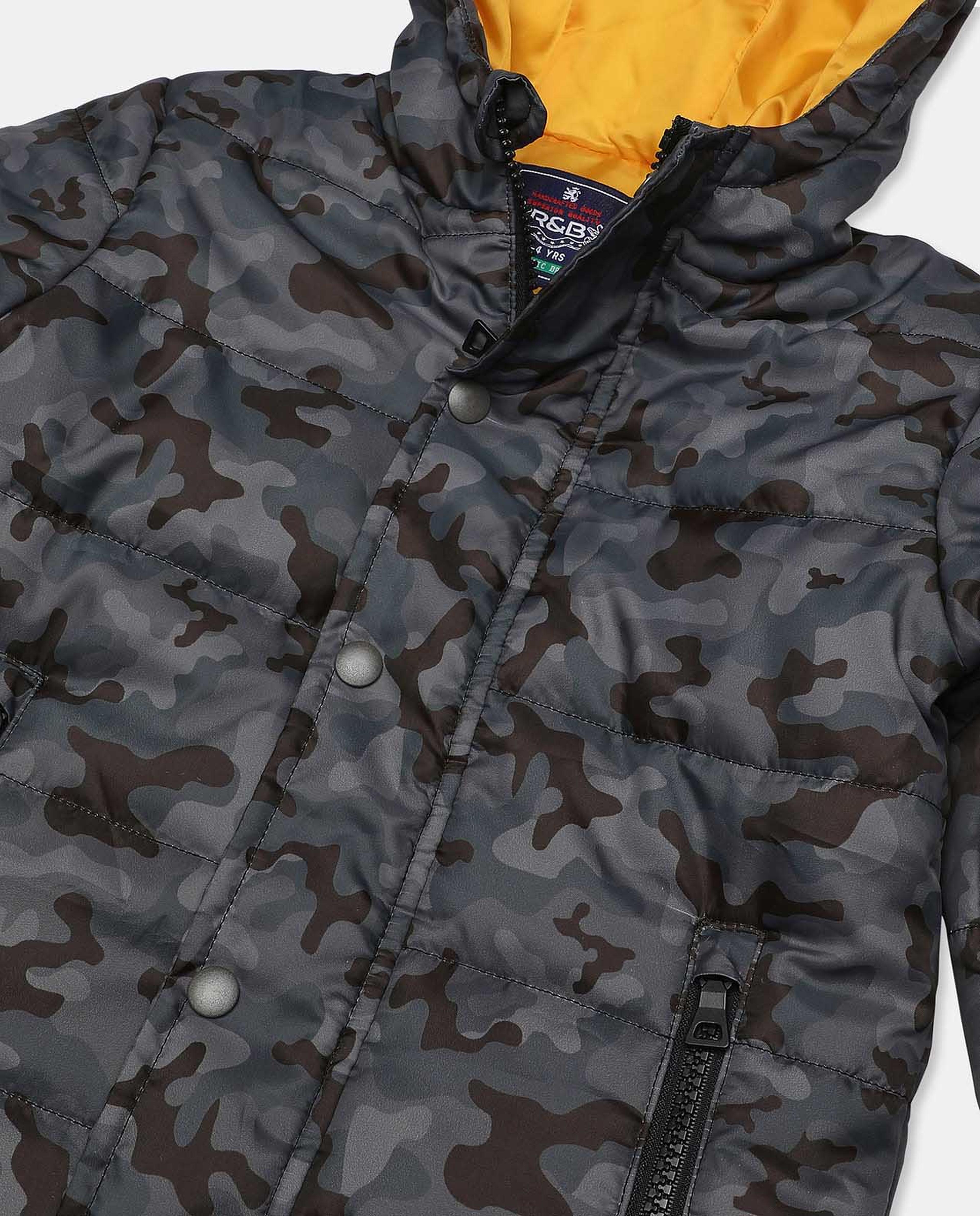 Camouflage Printed Hooded Puffer Jacket with Button Closure