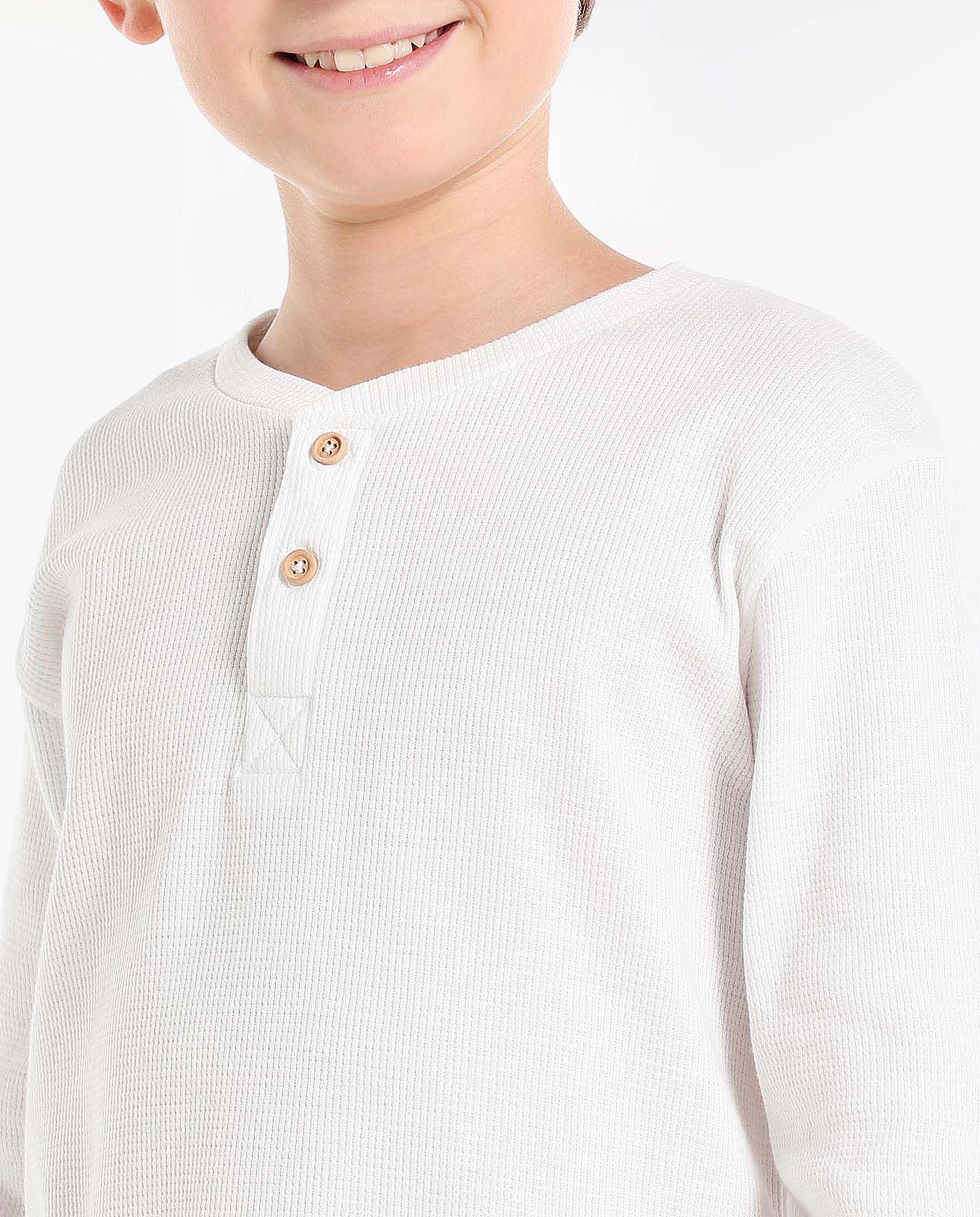 Solid T-Shirt with Henley Neck and Long Sleeves