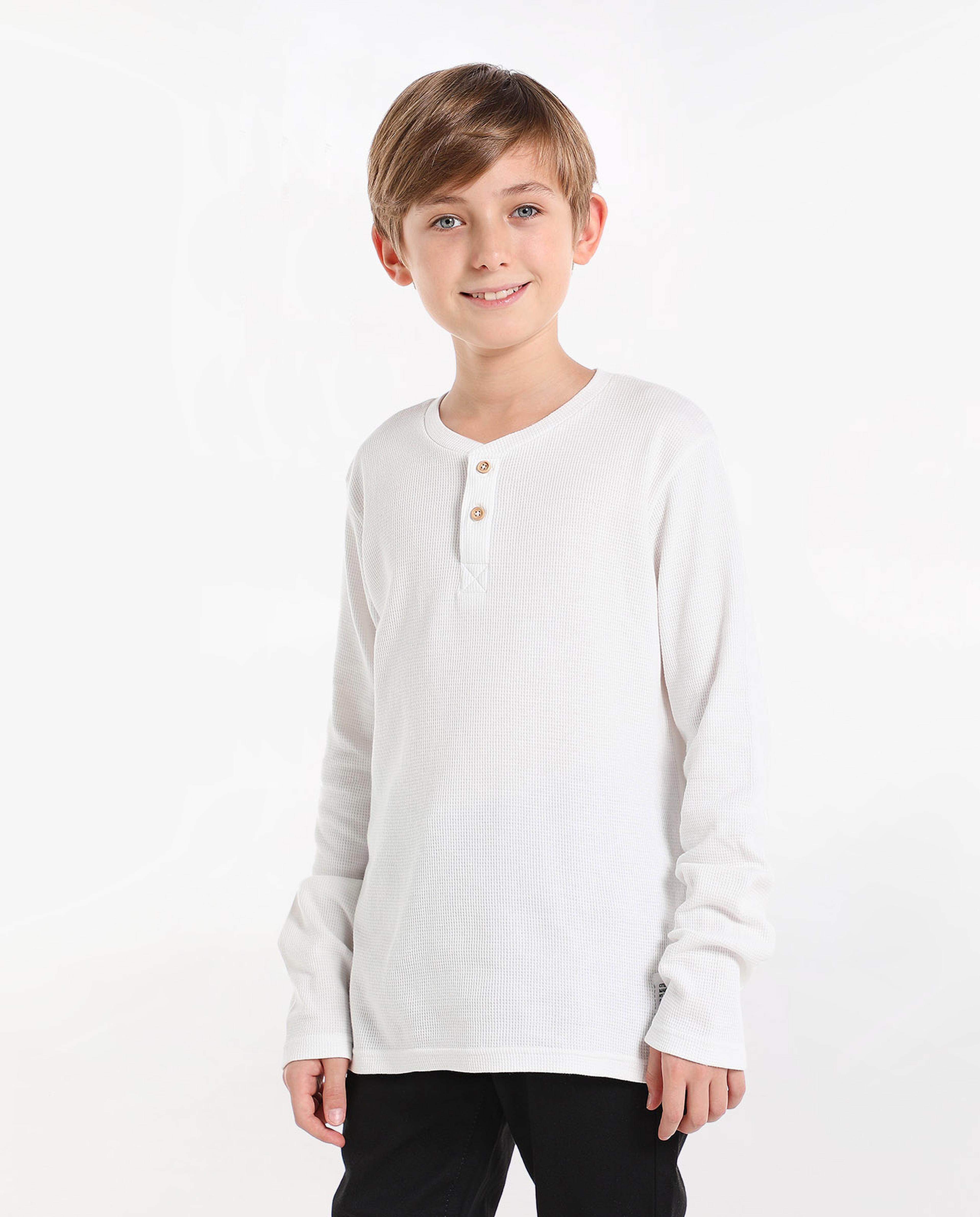 Solid T-Shirt with Henley Neck and Long Sleeves