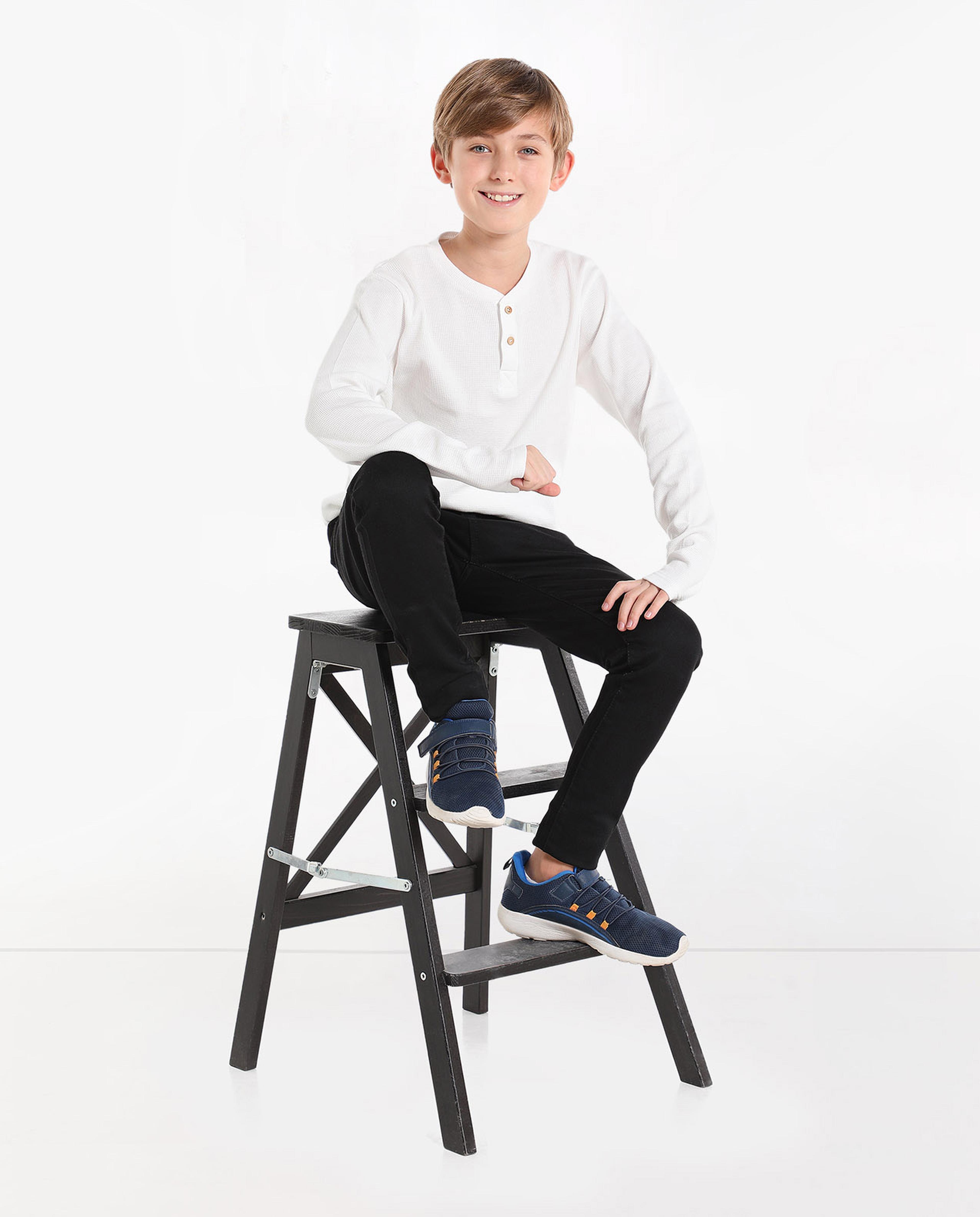 Solid T-Shirt with Henley Neck and Long Sleeves