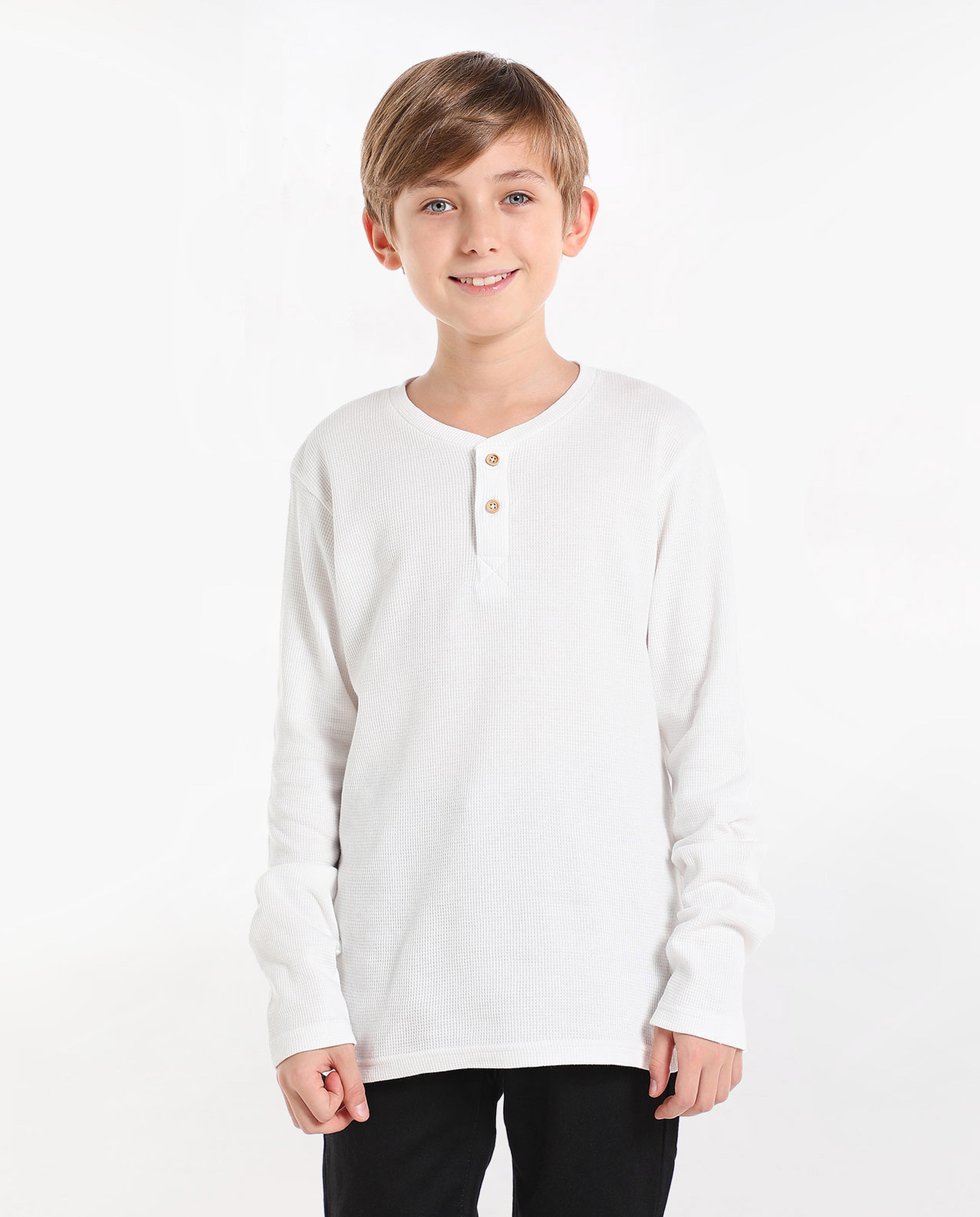 Solid T-Shirt with Henley Neck and Long Sleeves