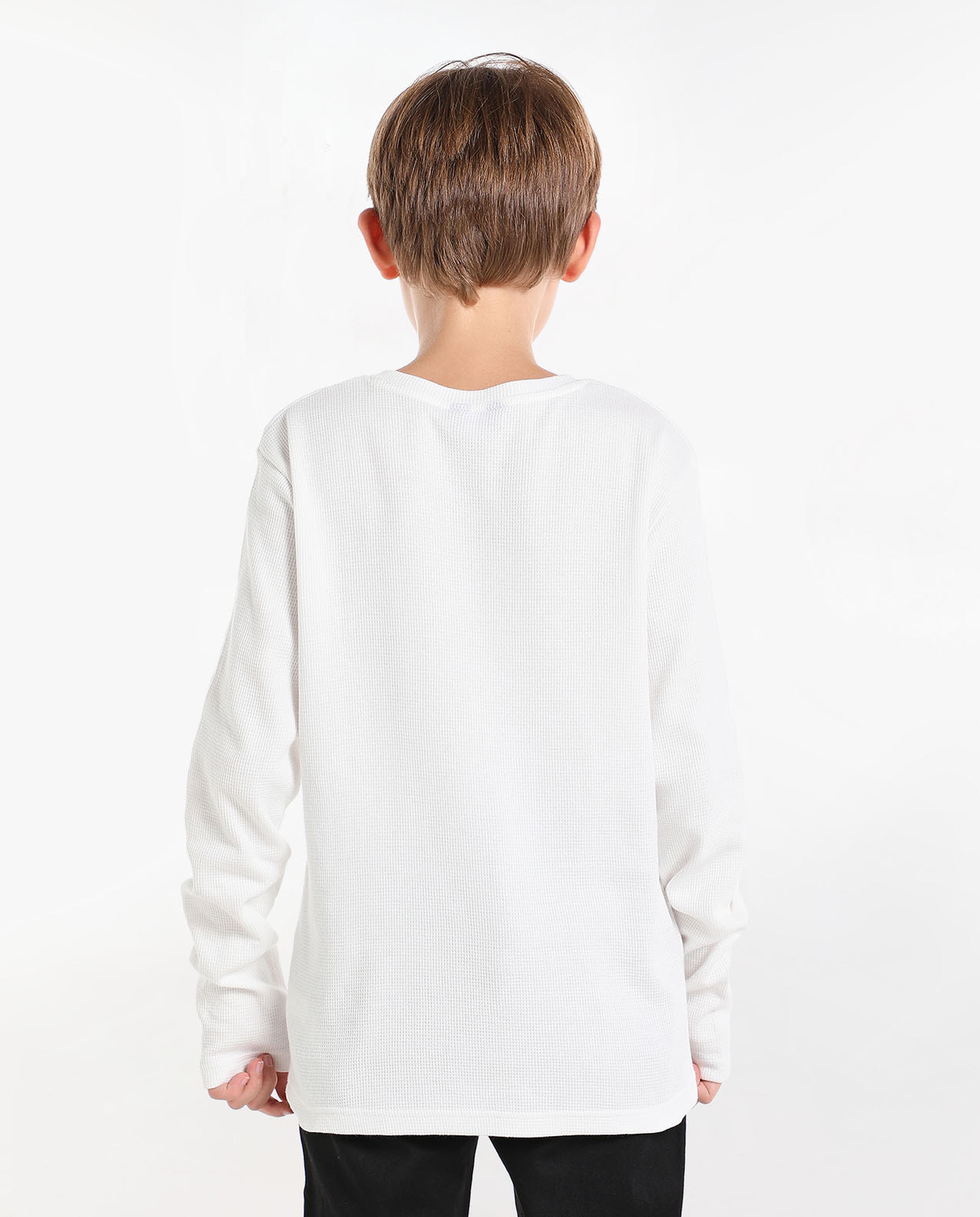 Solid T-Shirt with Henley Neck and Long Sleeves