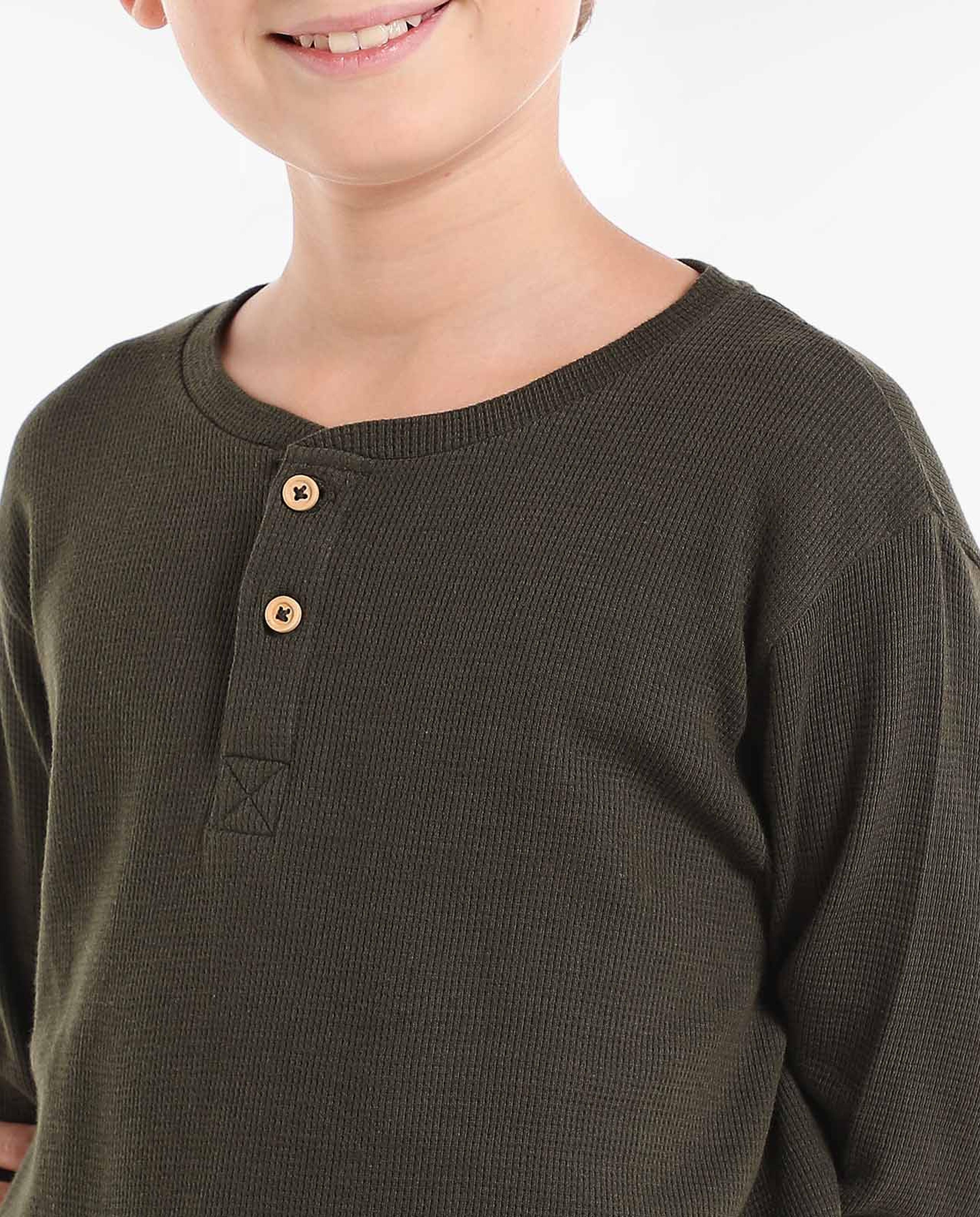 Solid T-Shirt with Henley Neck and Long Sleeves