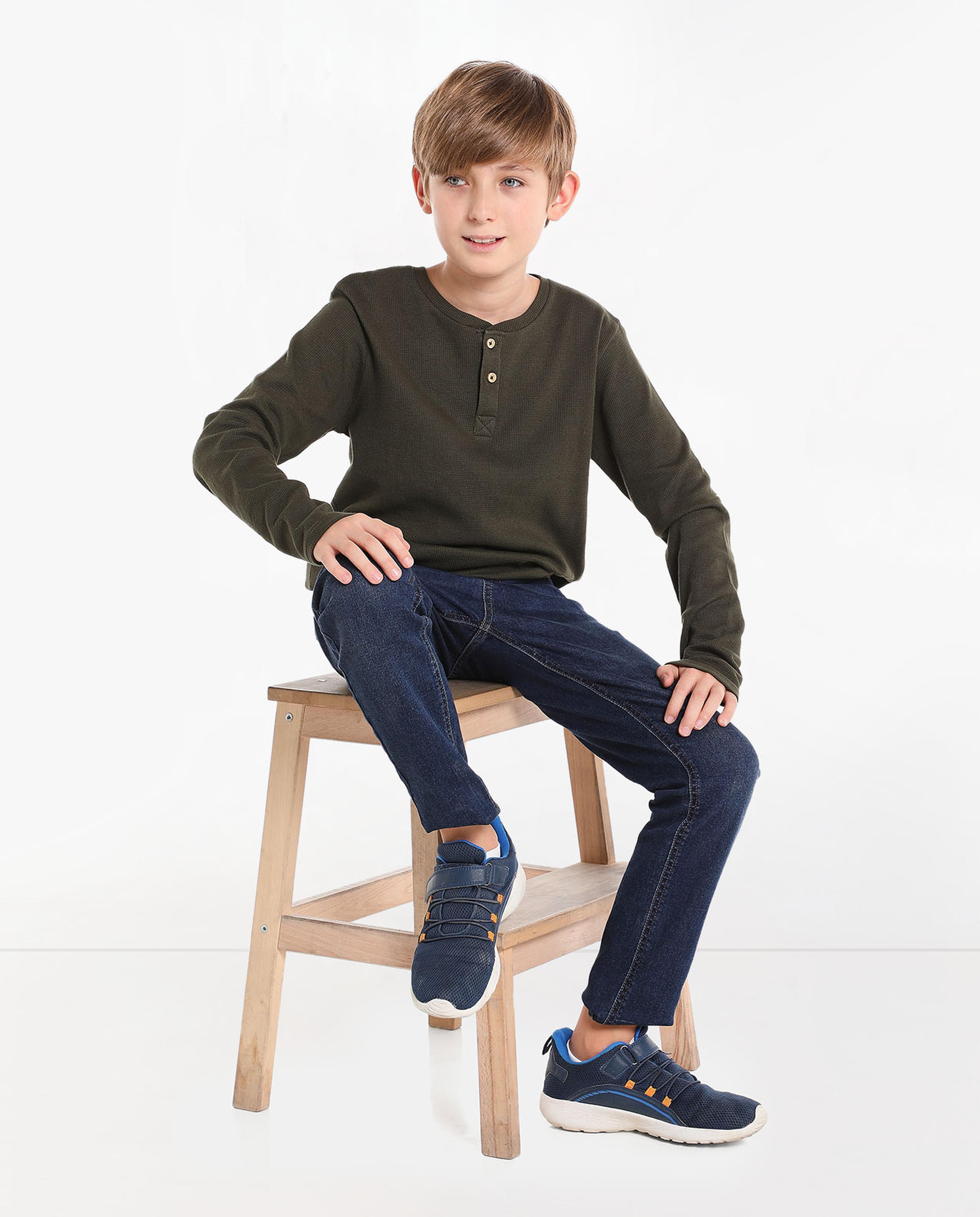 Solid T-Shirt with Henley Neck and Long Sleeves