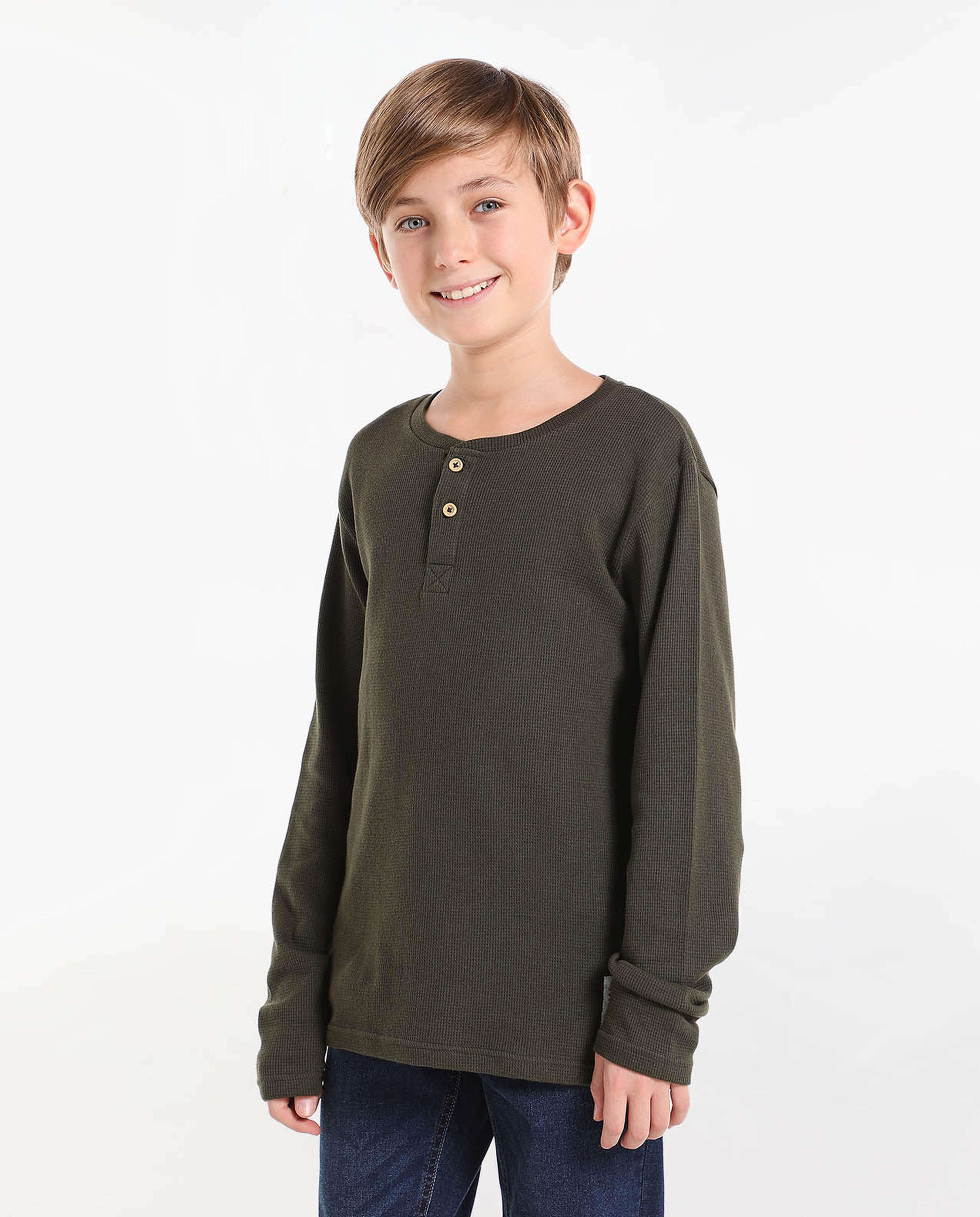 Solid T-Shirt with Henley Neck and Long Sleeves