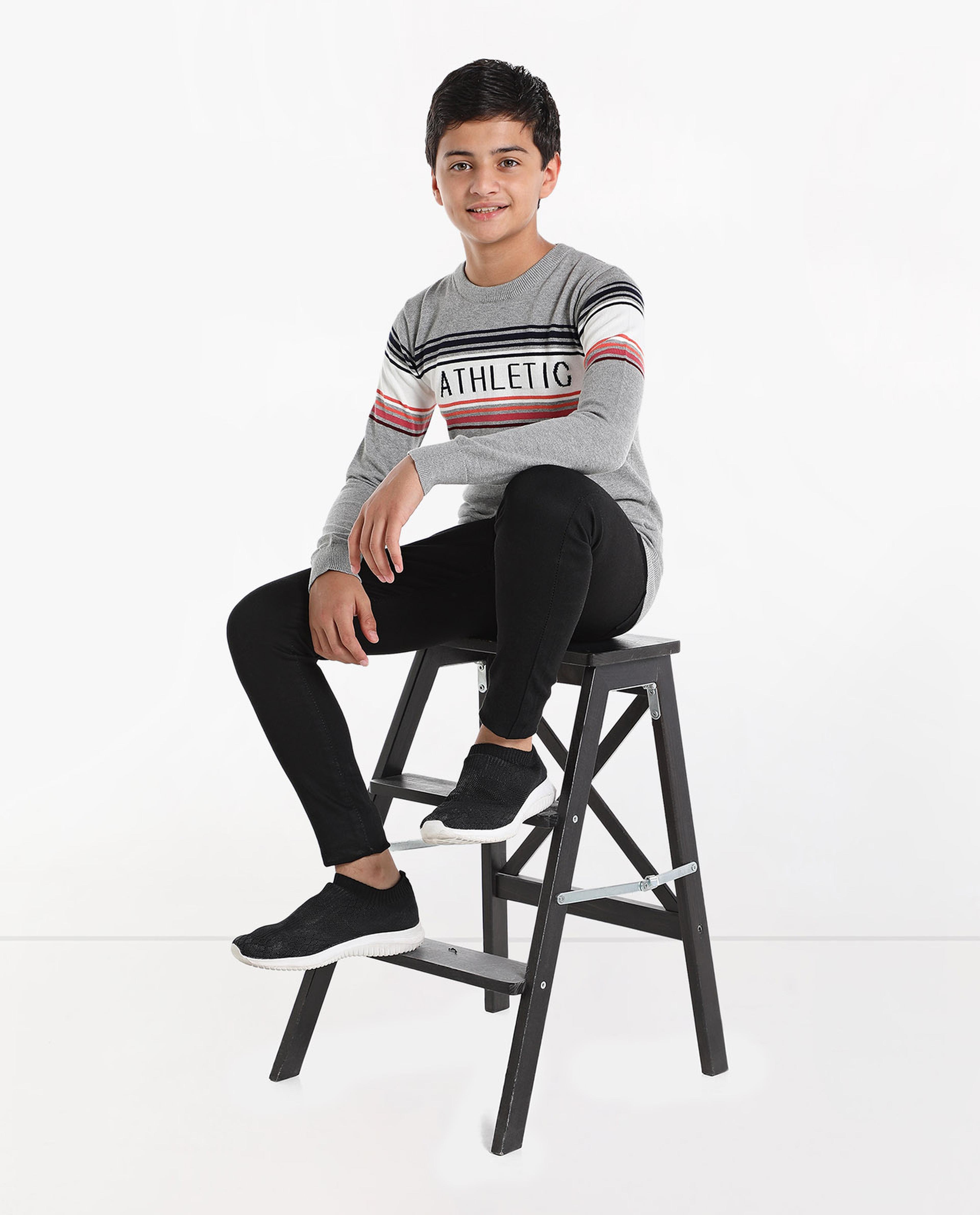 Typography Printed Sweater with Crew Neck and Long Sleeves