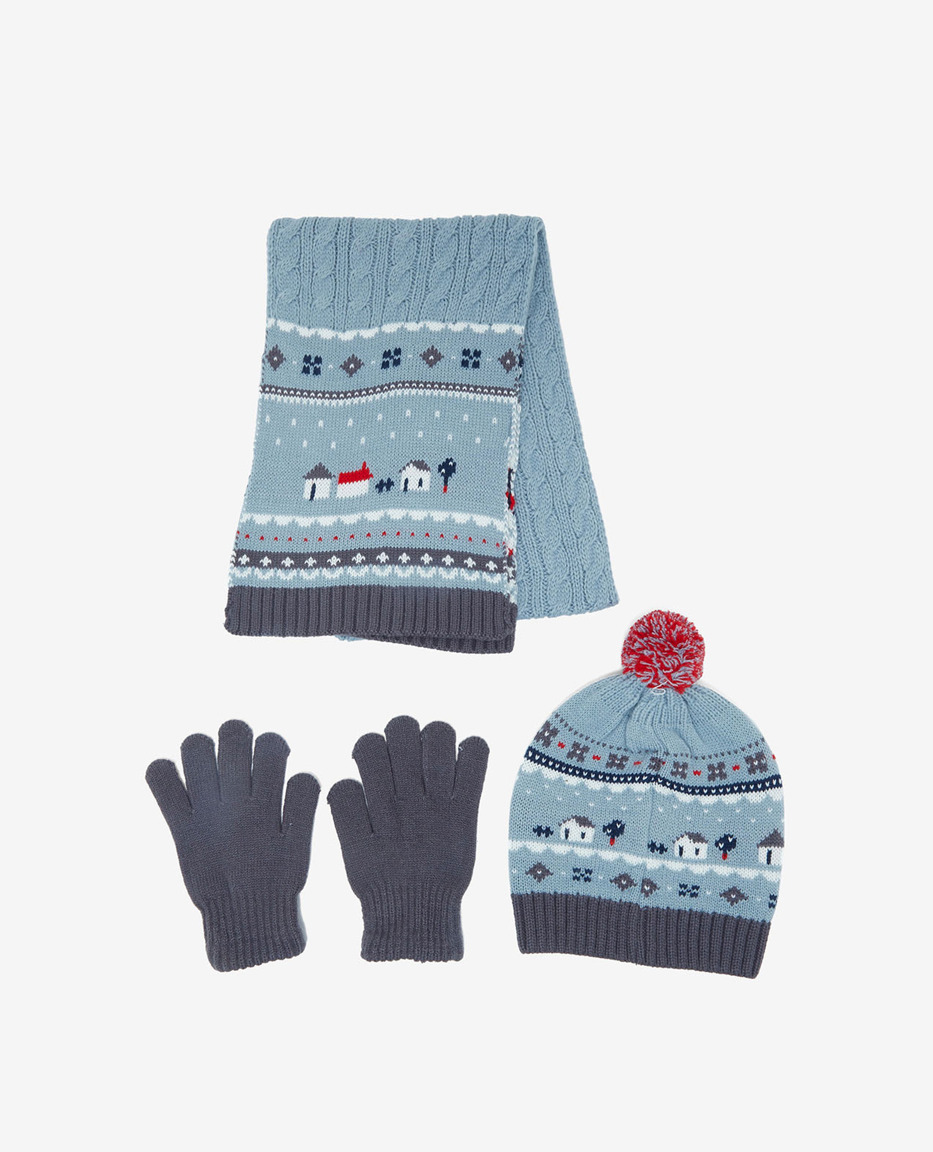 Patterned Set of Scarf, Cap and Gloves Set