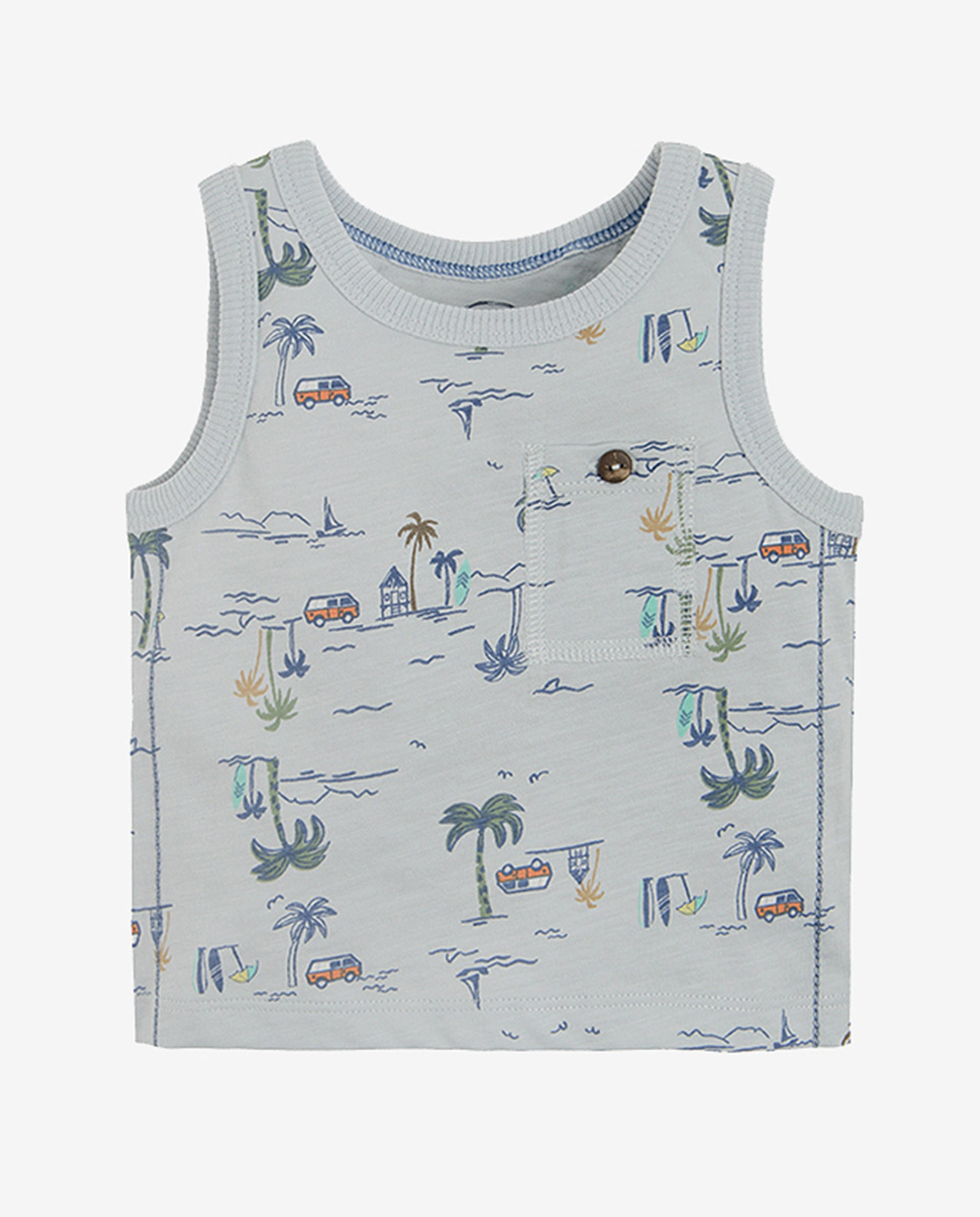 Baby Boy's Round Neck T Shirt With Sleeveless Graphic Print