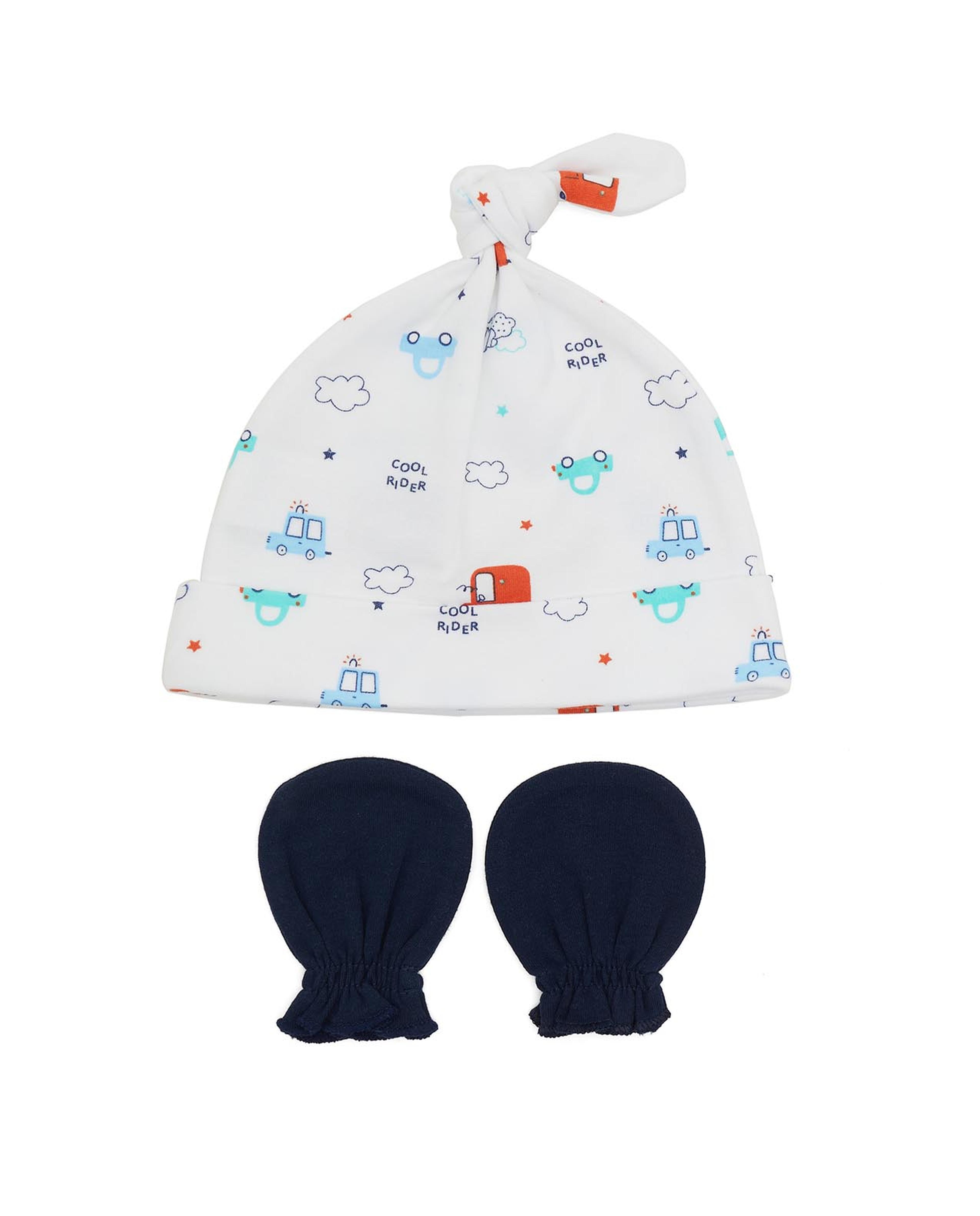 Printed Cap and Solid Mittens Set