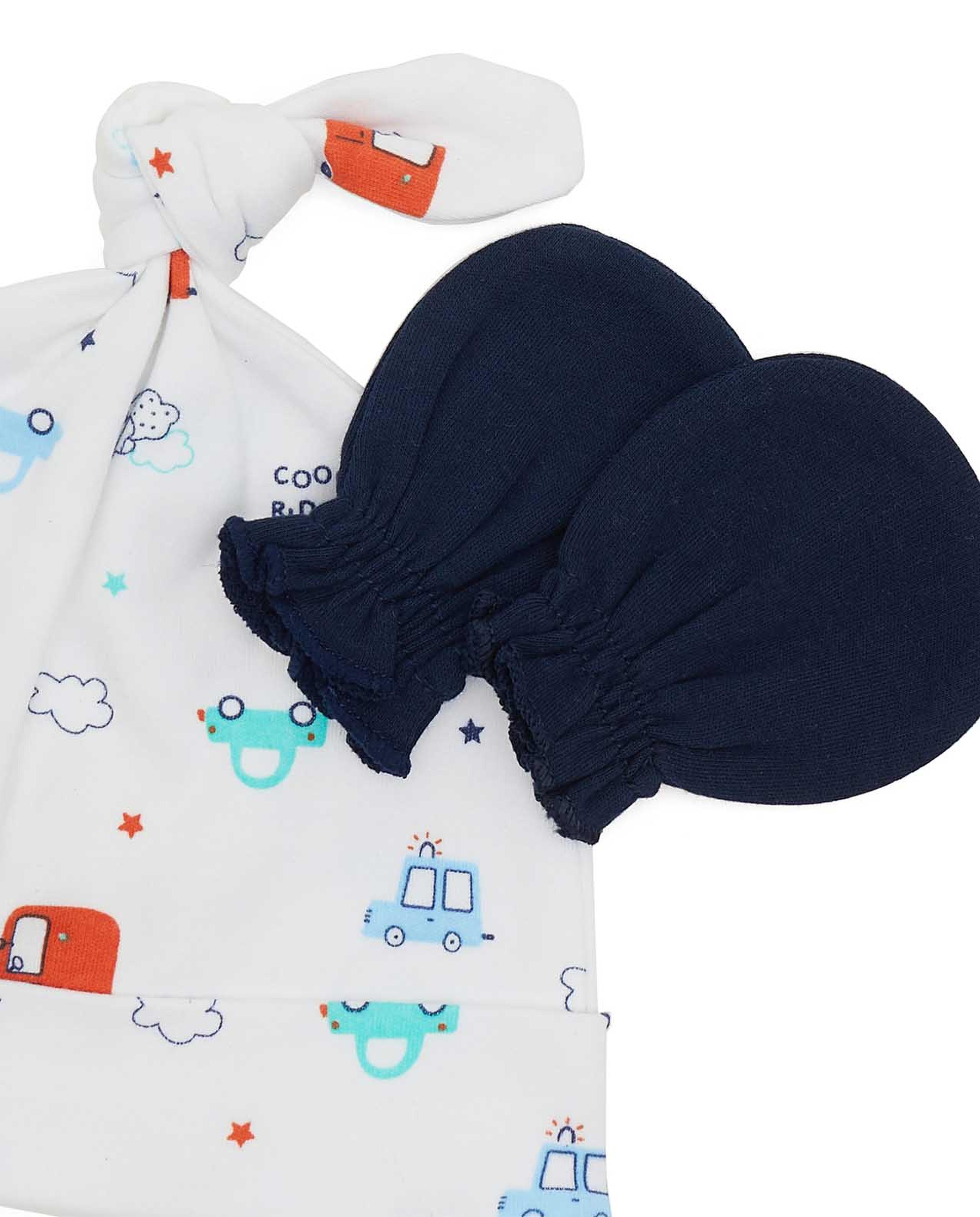 Printed Cap and Solid Mittens Set