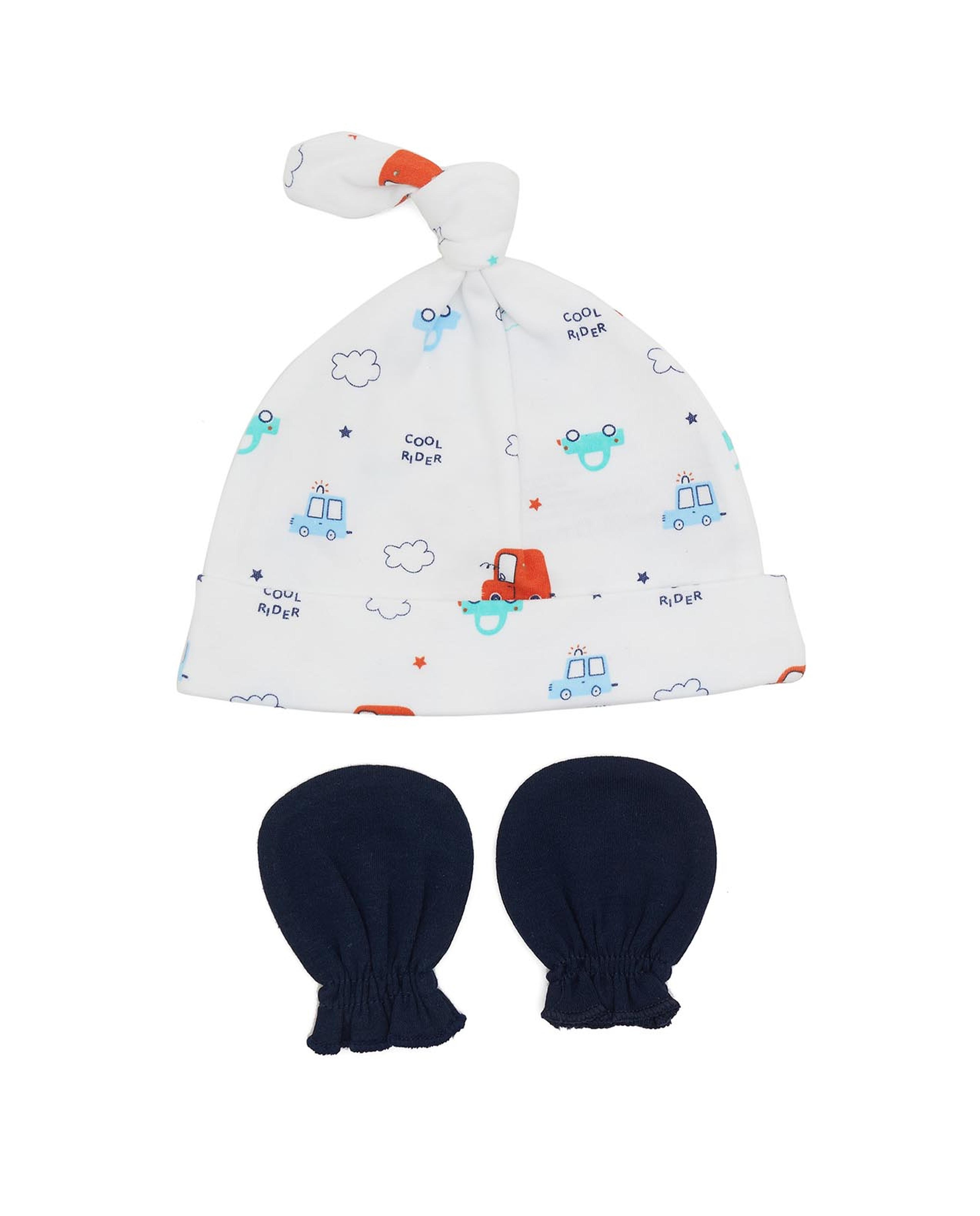 Printed Cap and Solid Mittens Set