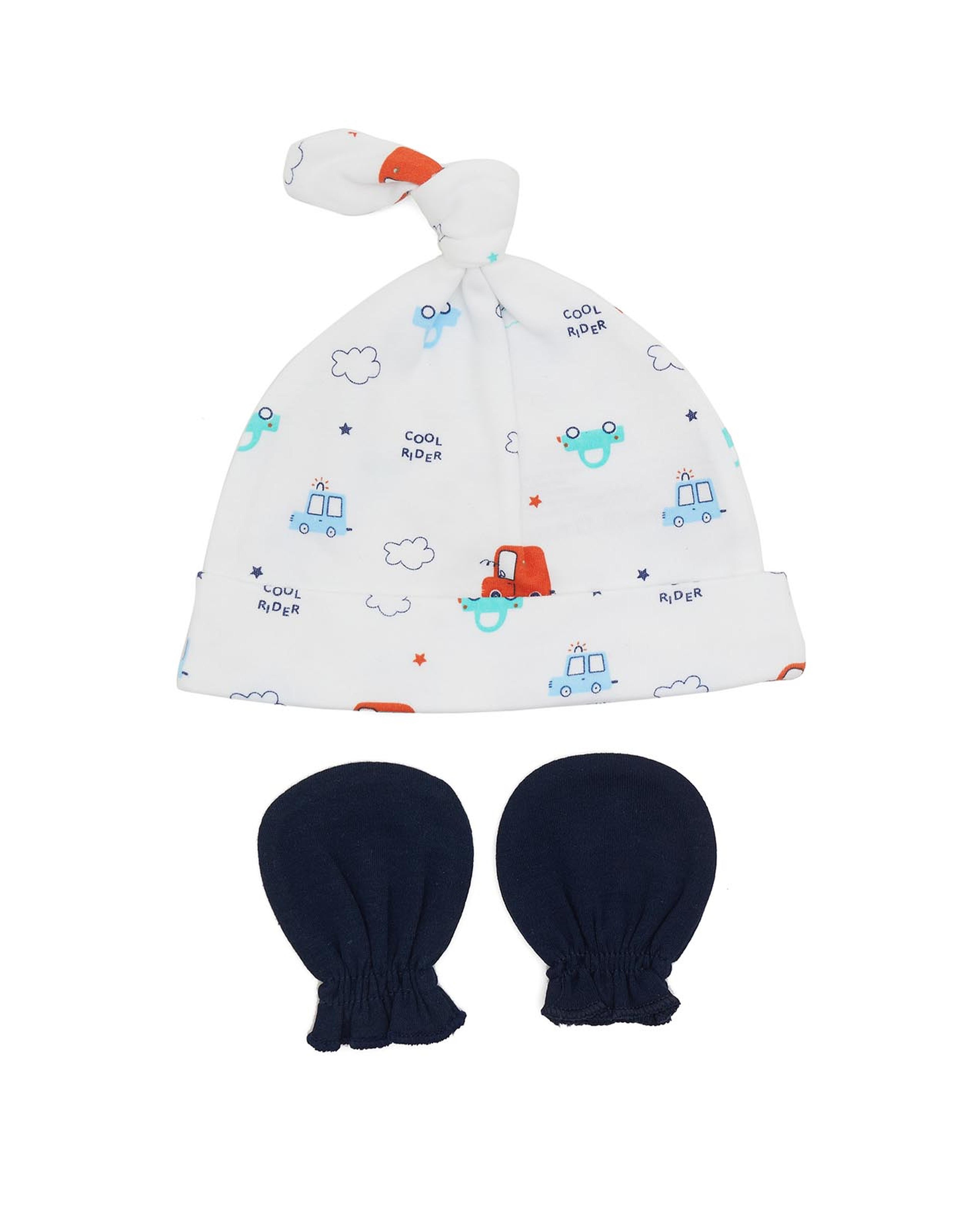 Printed Cap and Solid Mittens Set