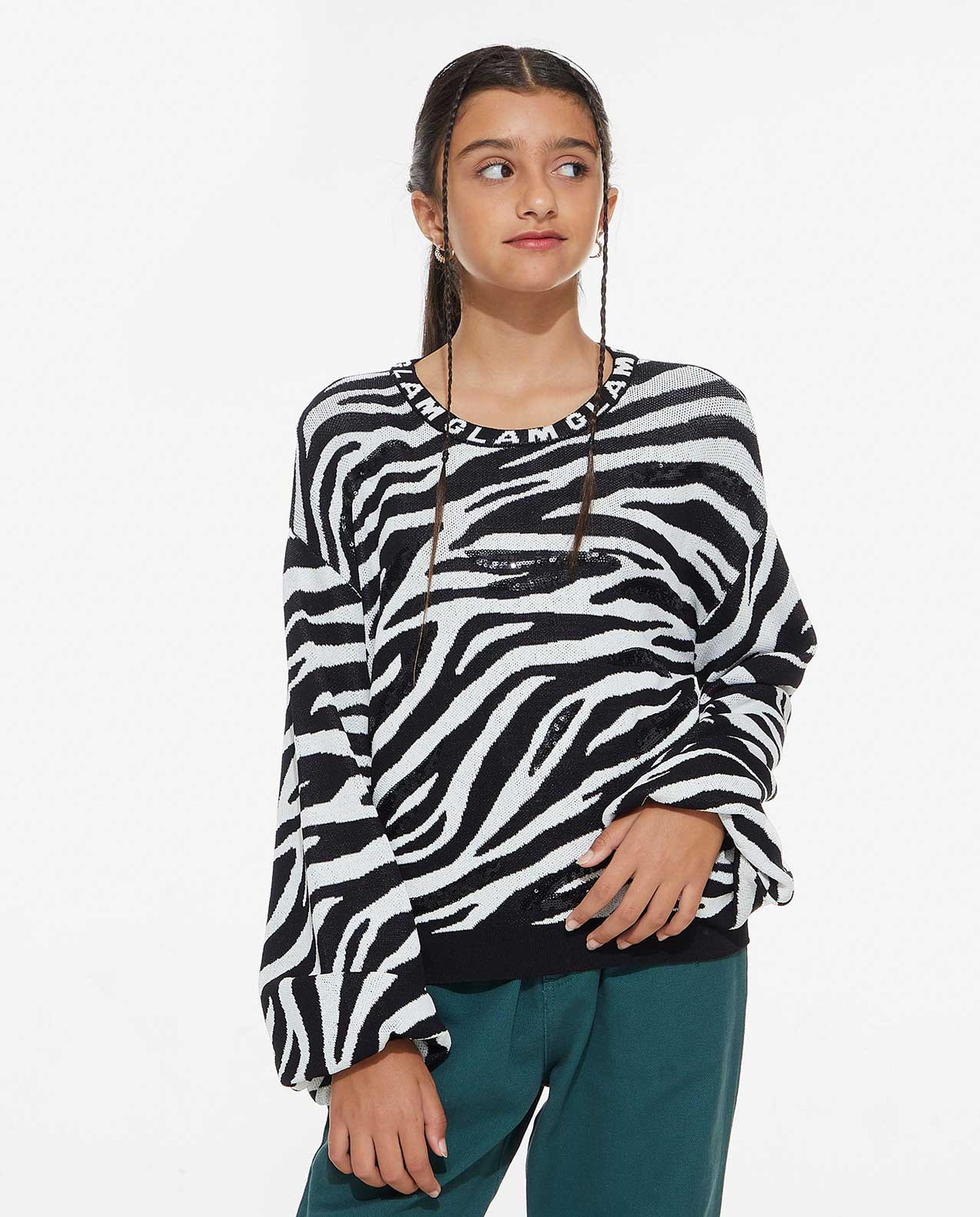 Zebra Patterned Sweater with Crew Neck and Long Sleeves