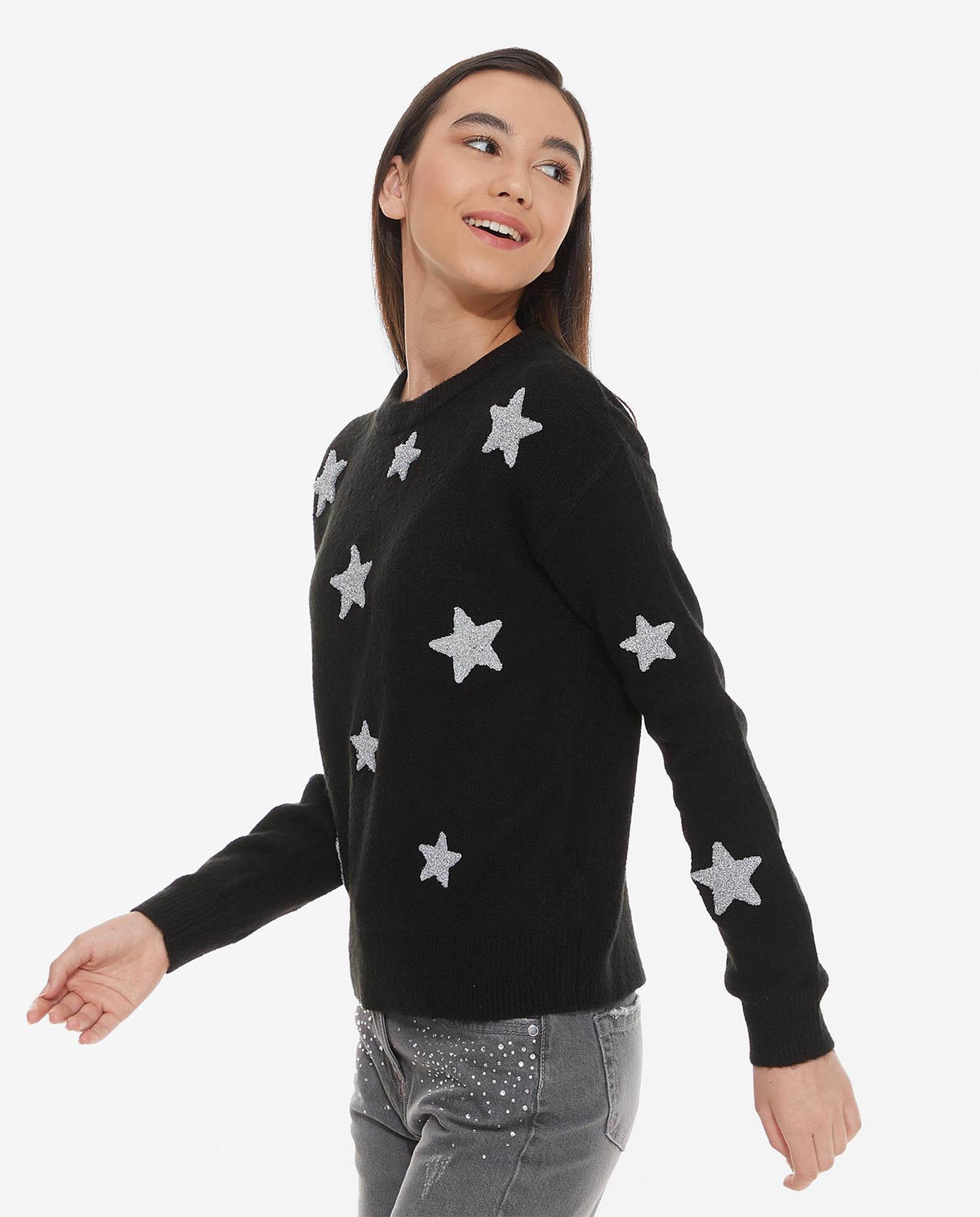 Embellished Sweater with Crew Neck and Long Sleeves