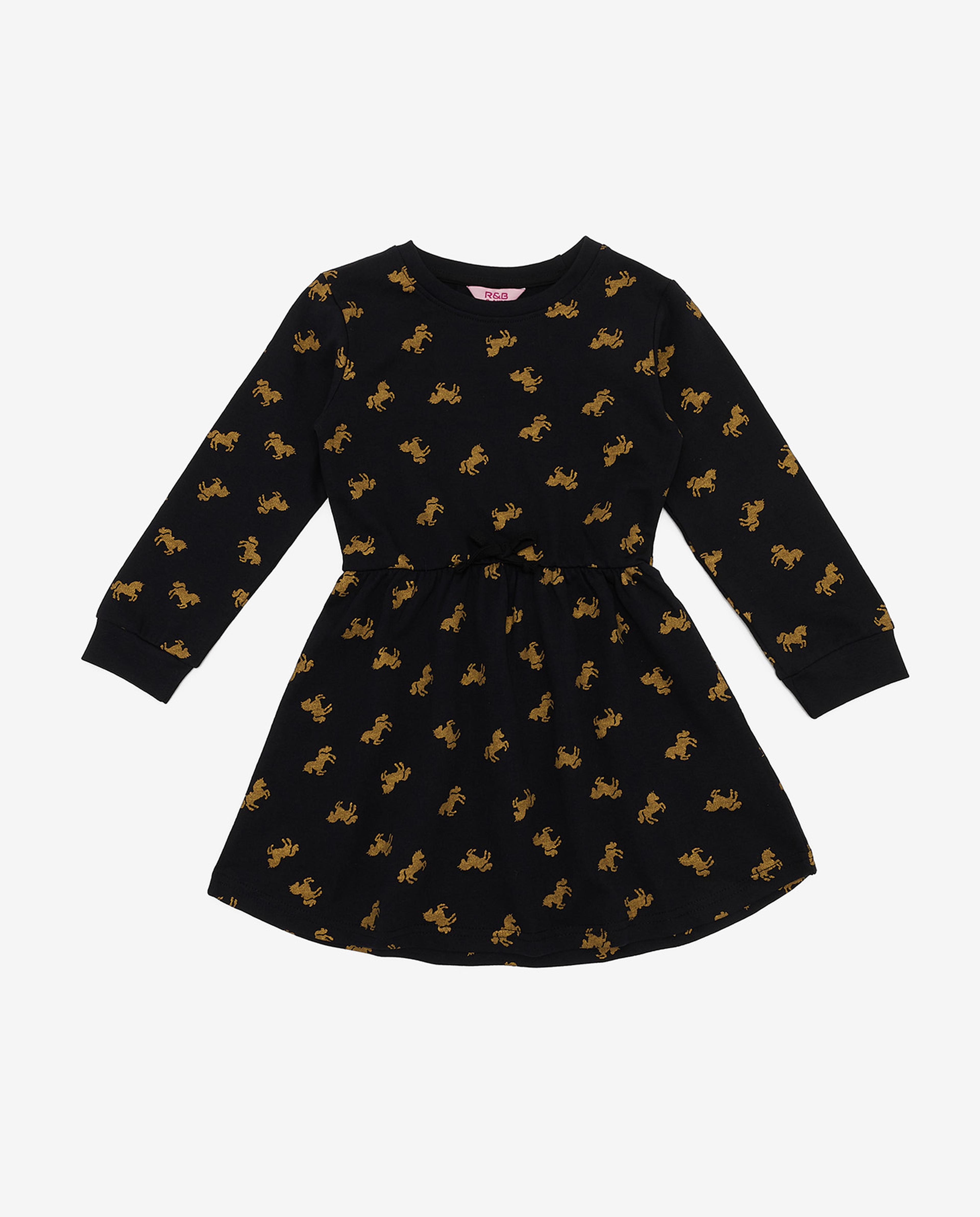 Printed Fit and Flare Dress with Long Sleeves