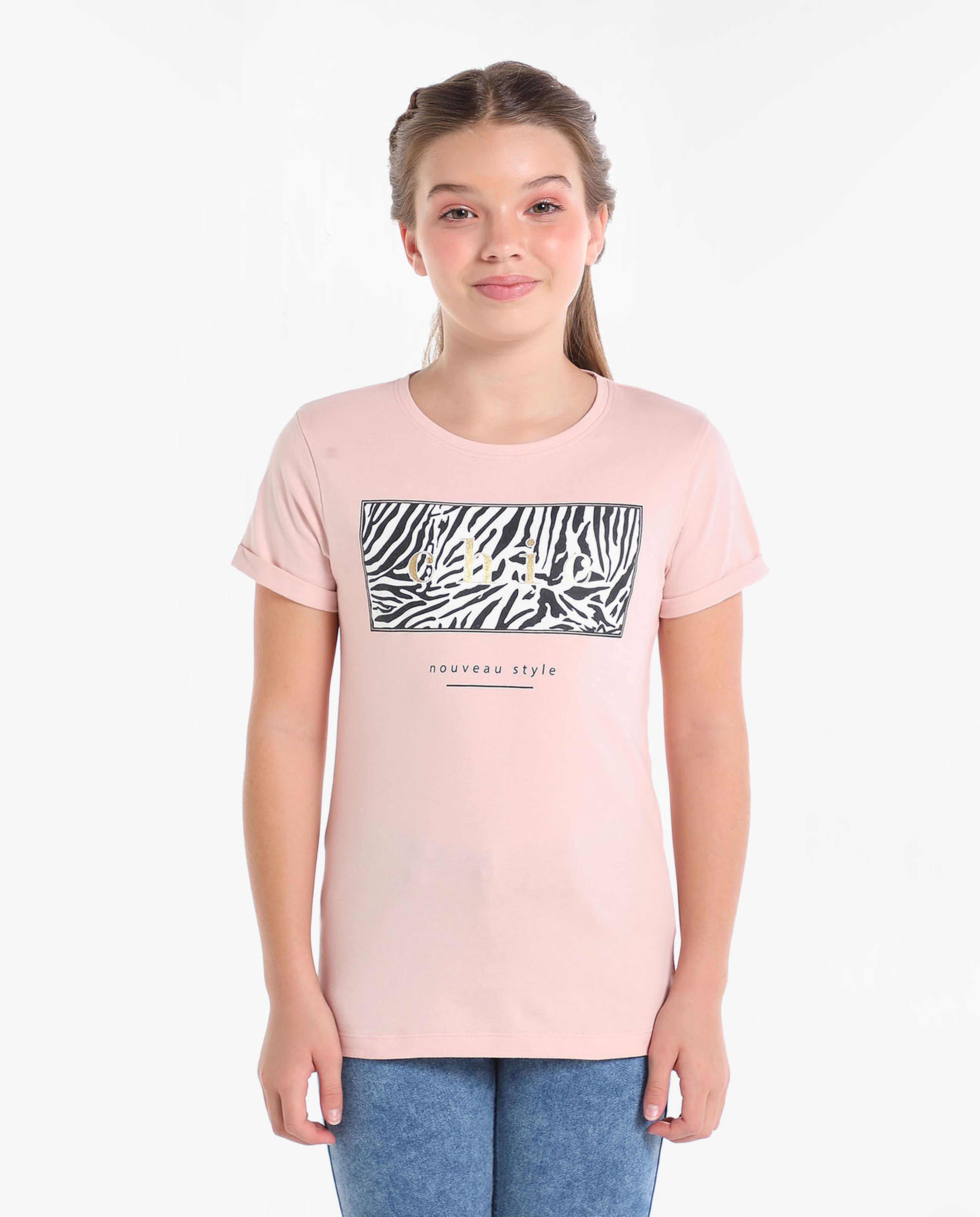 Graphic Printed T-Shirt with Round Neck and Short Sleeves
