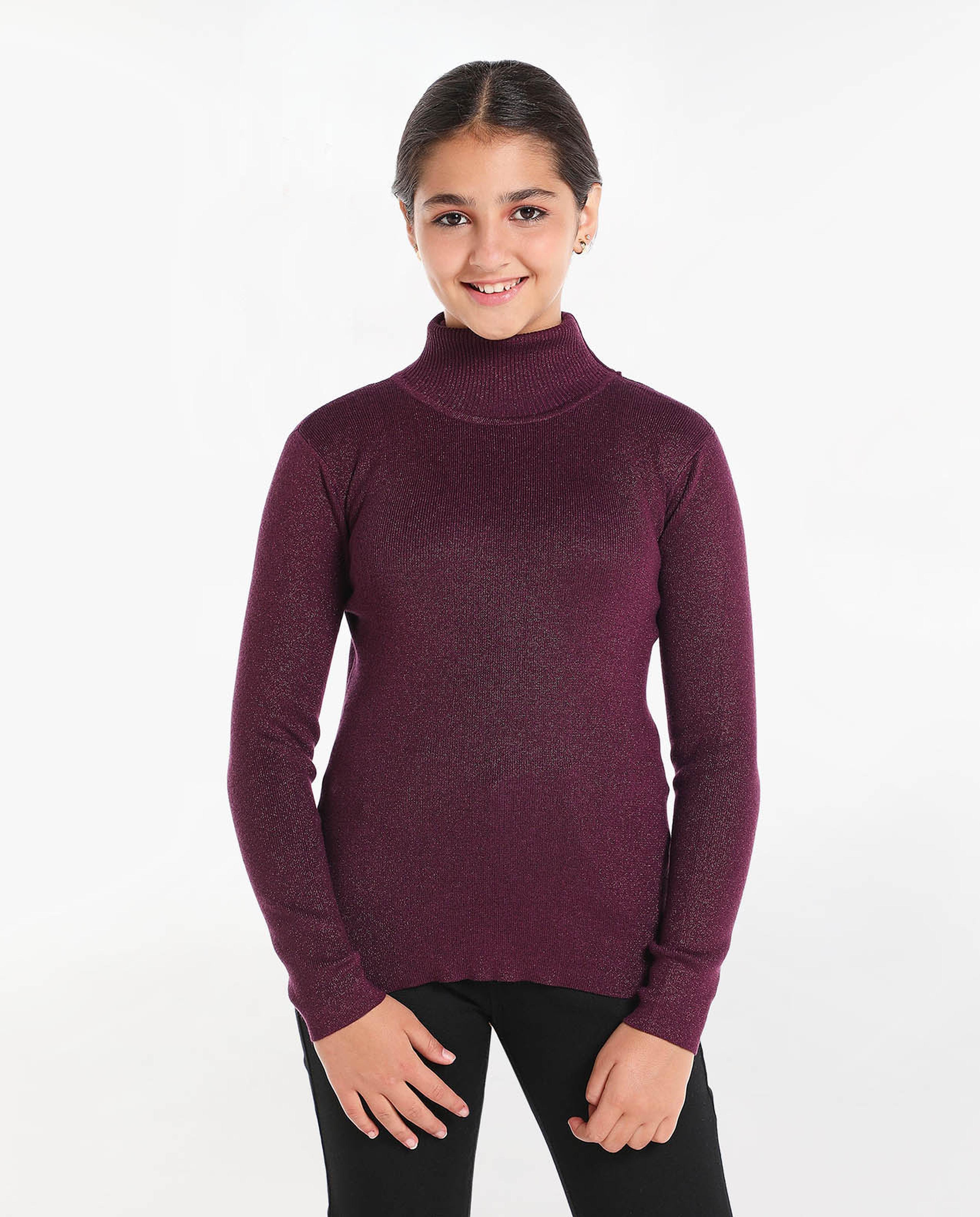 Solid Sweatshirt with Turtle Neck and Long Sleeves