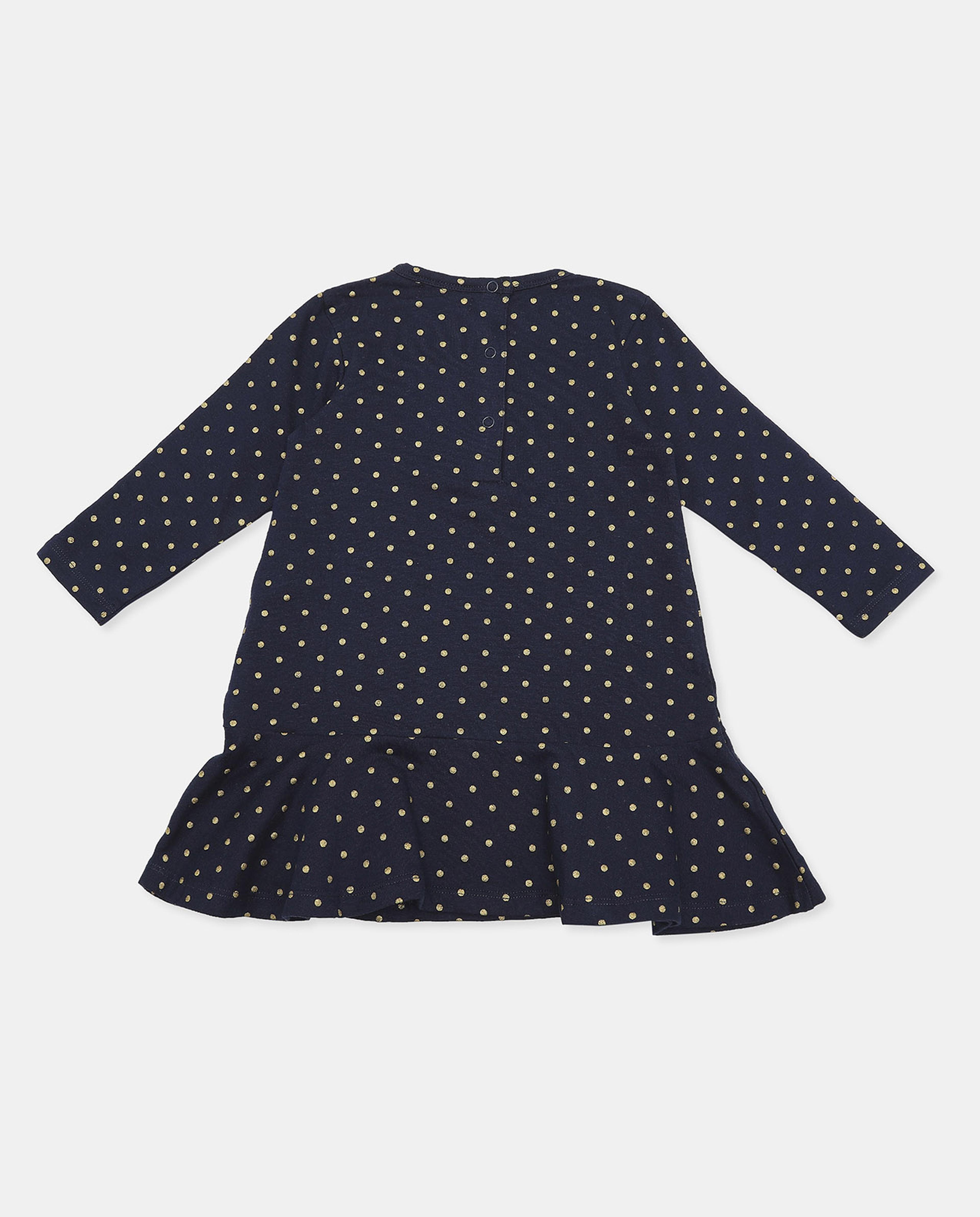Polka Printed Peplum Dress with Round Neck and Long Sleeves