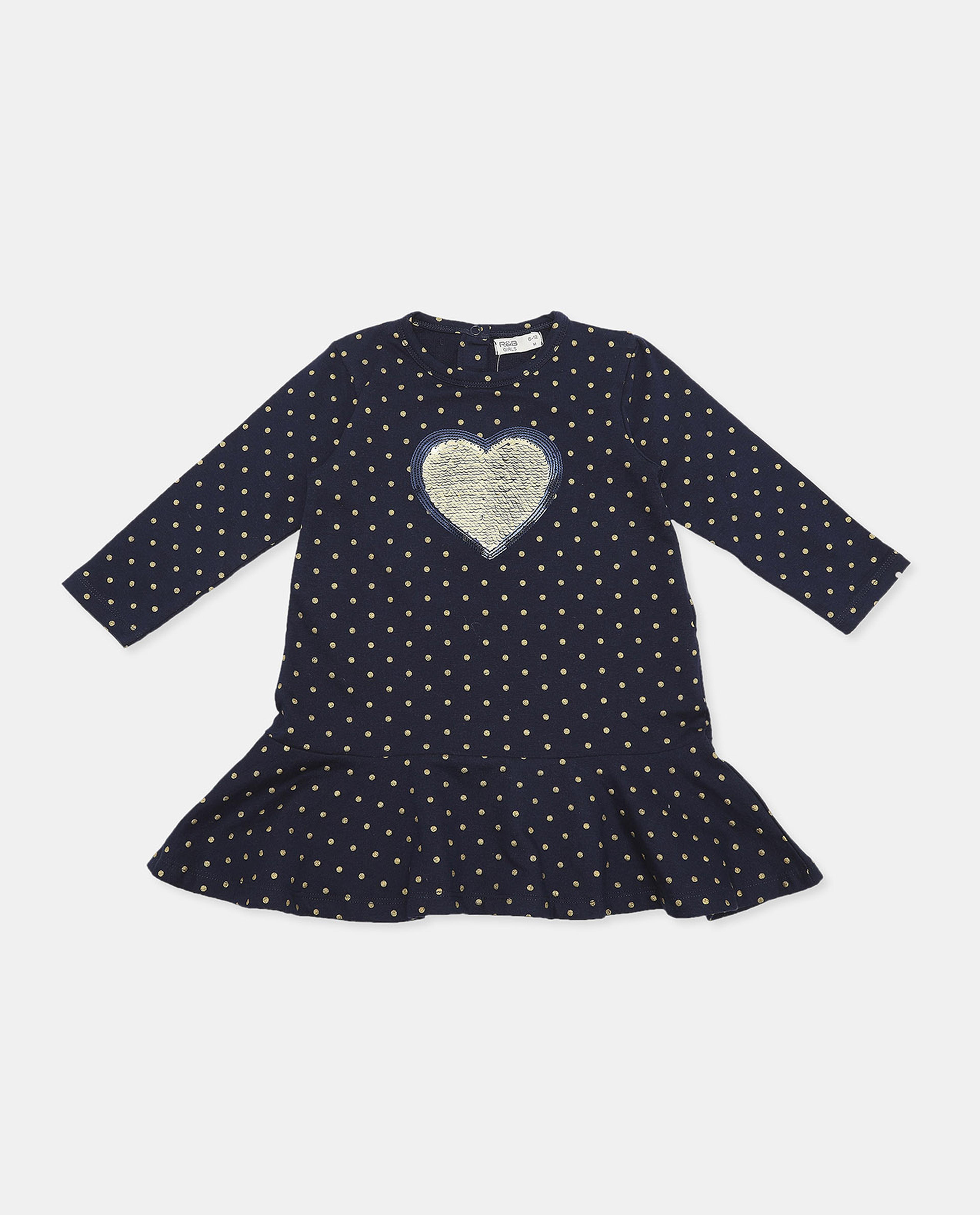 Polka Printed Peplum Dress with Round Neck and Long Sleeves