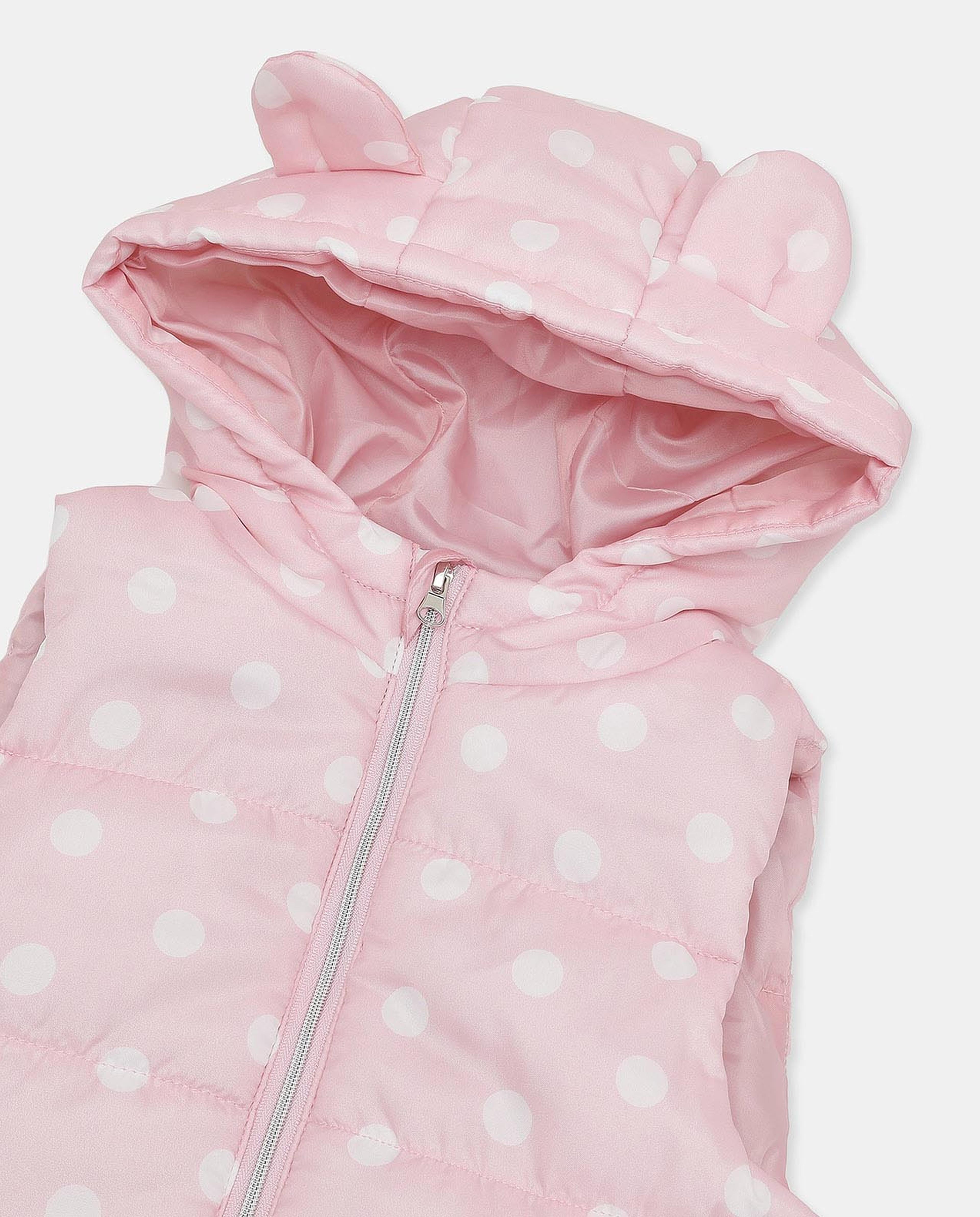 Polka Dots Printed Hooded Sleeveless Puffer Jacket
