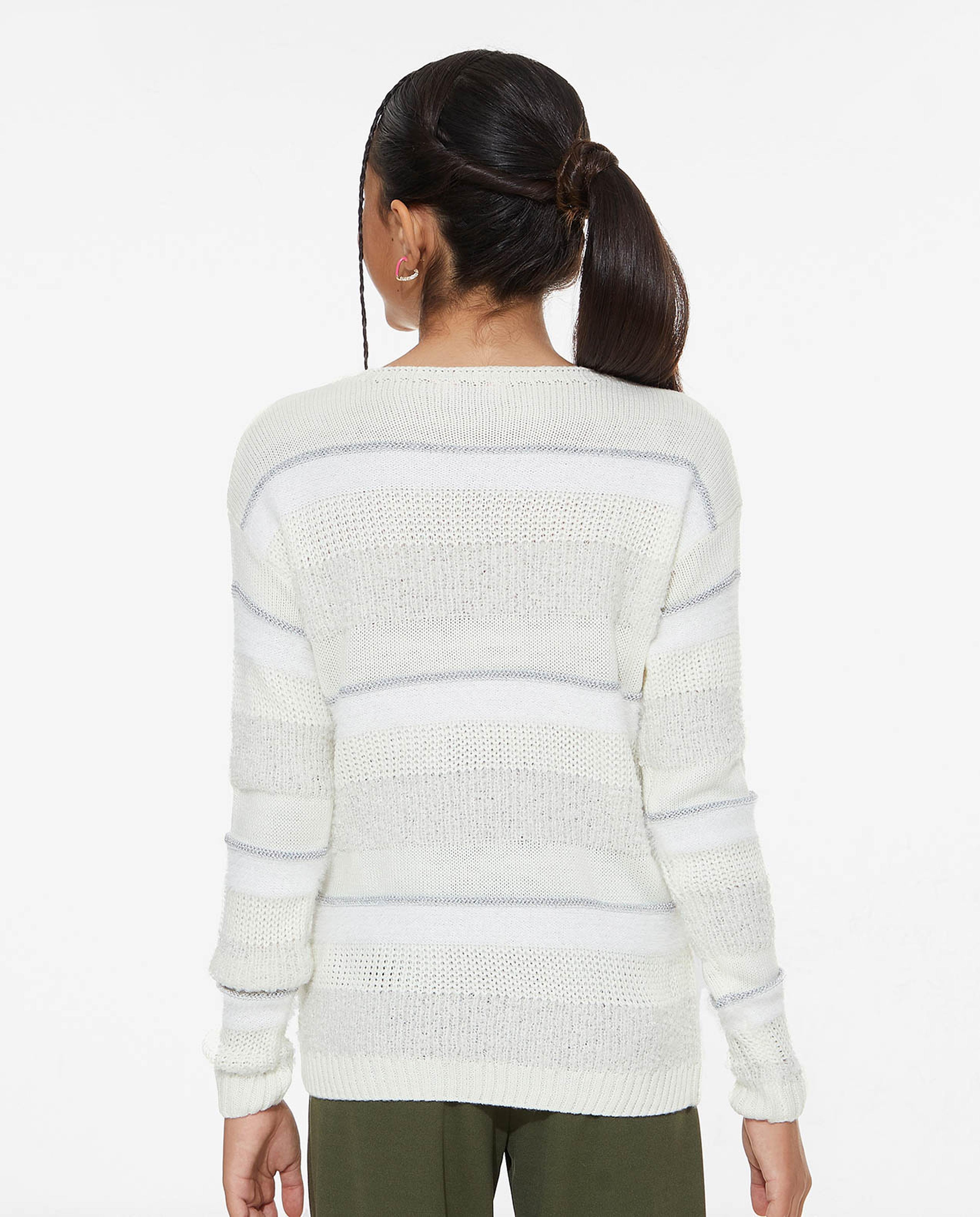 Striped Knitted Sweater with Crew Neck and Long Sleeves