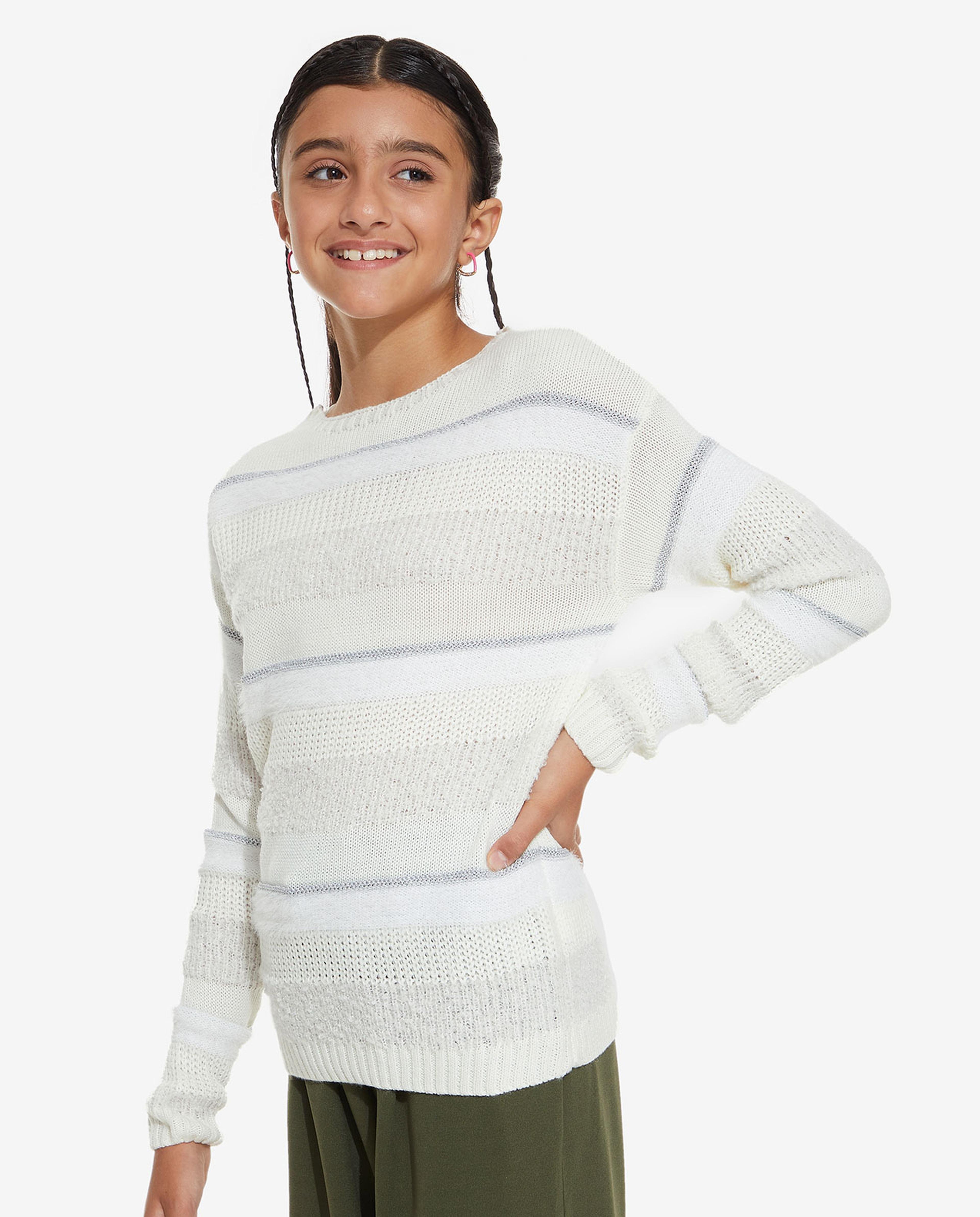 Striped Knitted Sweater with Crew Neck and Long Sleeves