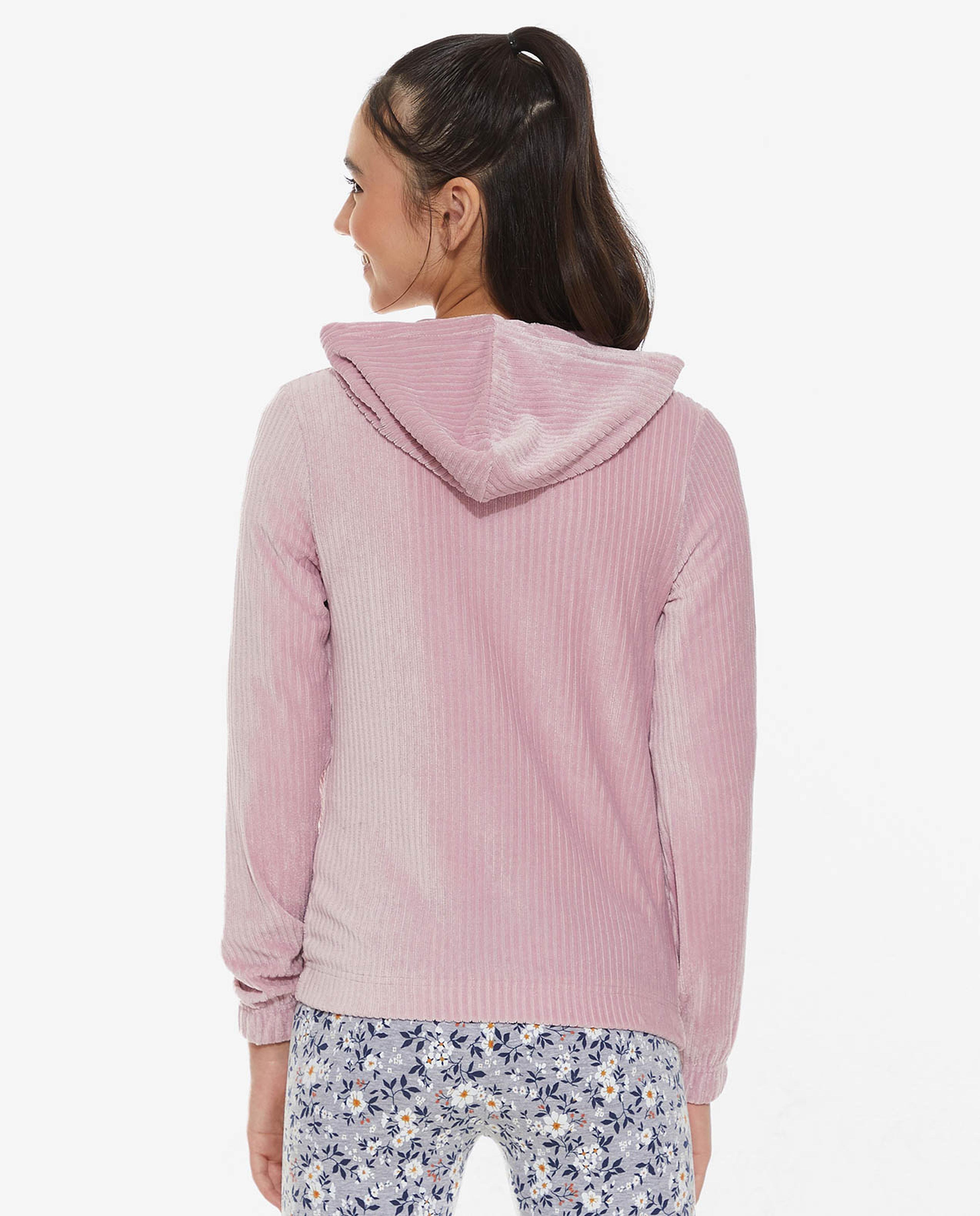 Ribbed Hooded Sweatshirt with Zippered Closure