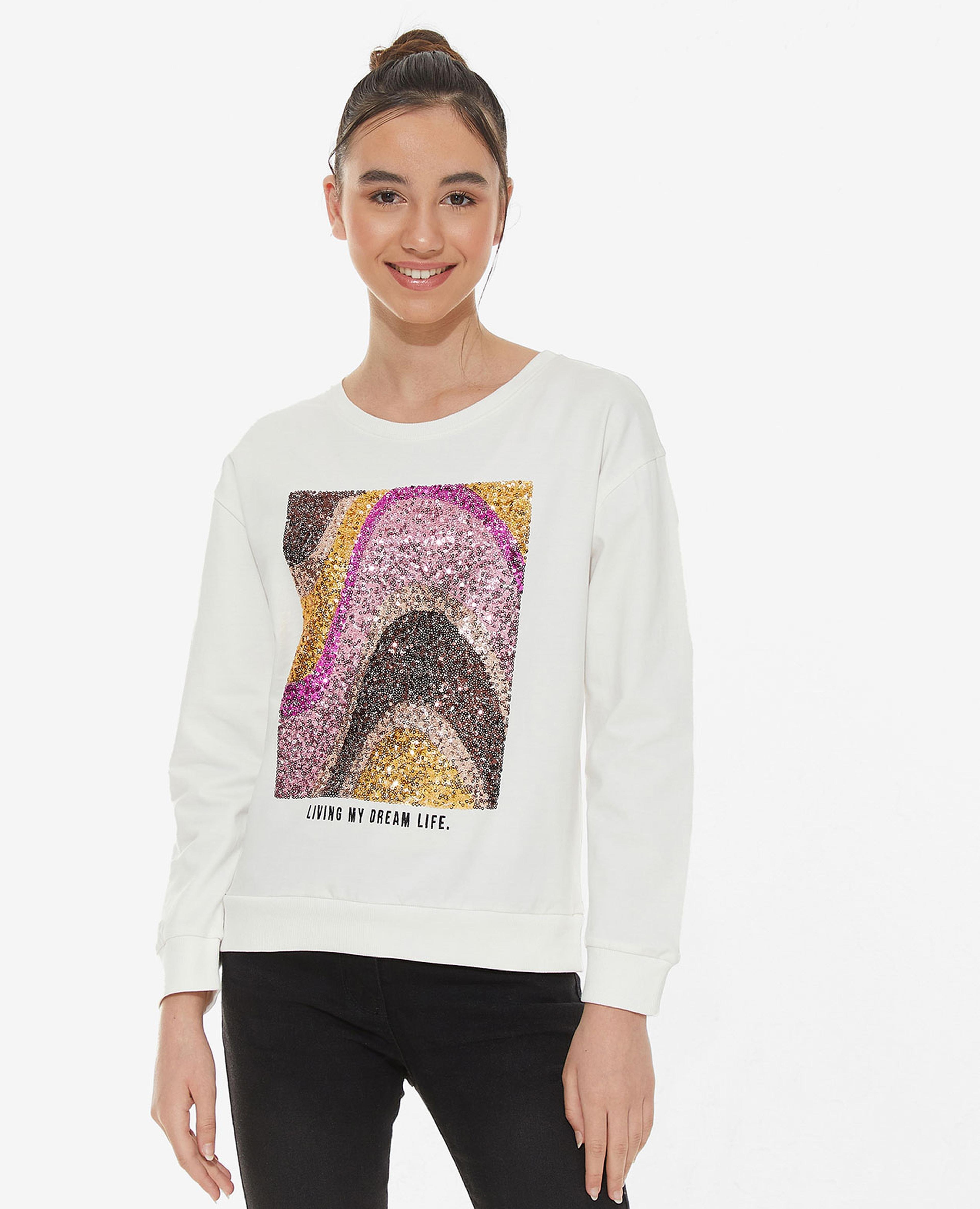 Sequins Embellished Sweatshirt with Crew Neck and Long Sleeves