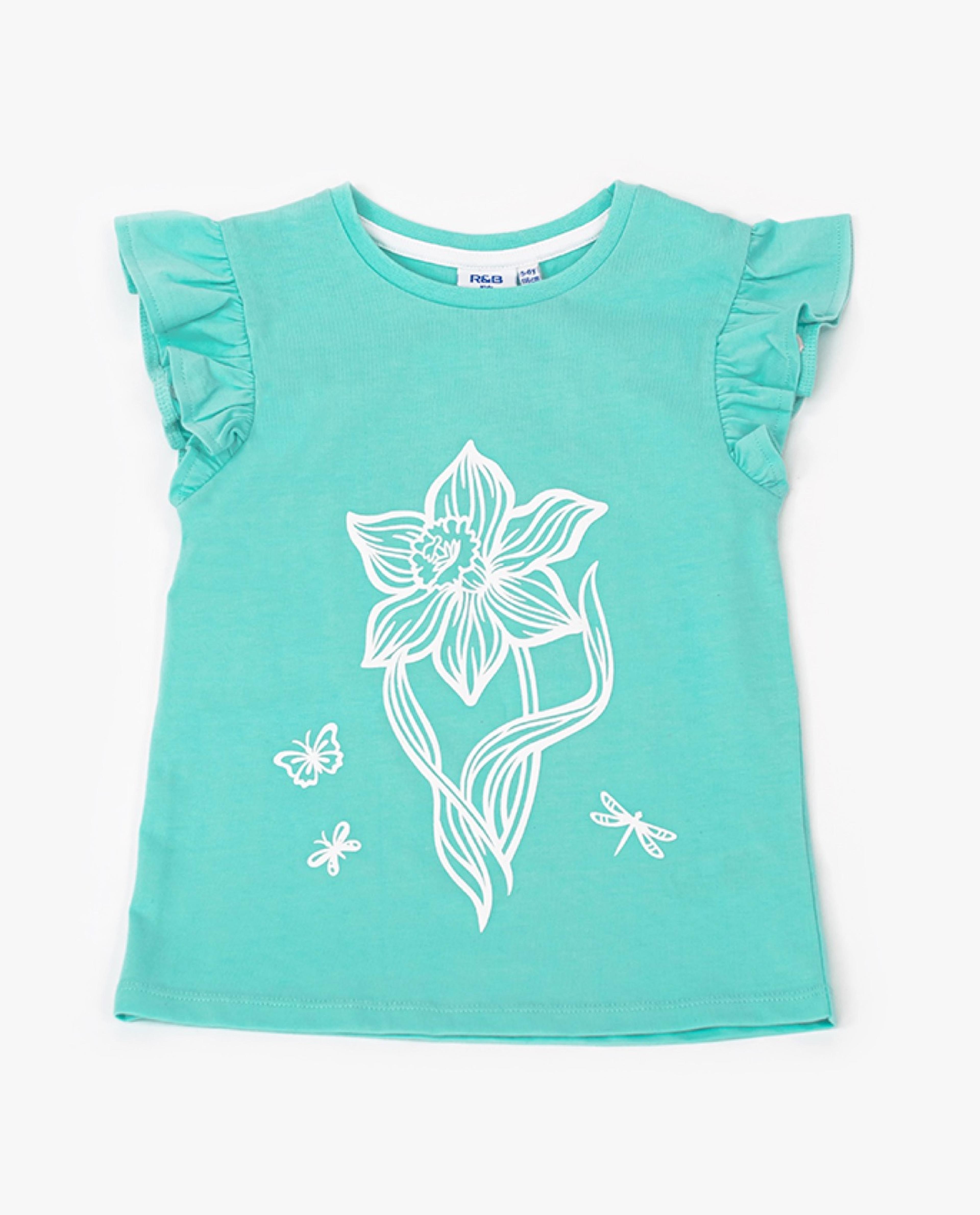 R&B Kids - Graphic Print T-Shirt with Crew Neck and Ruffle Sleeves