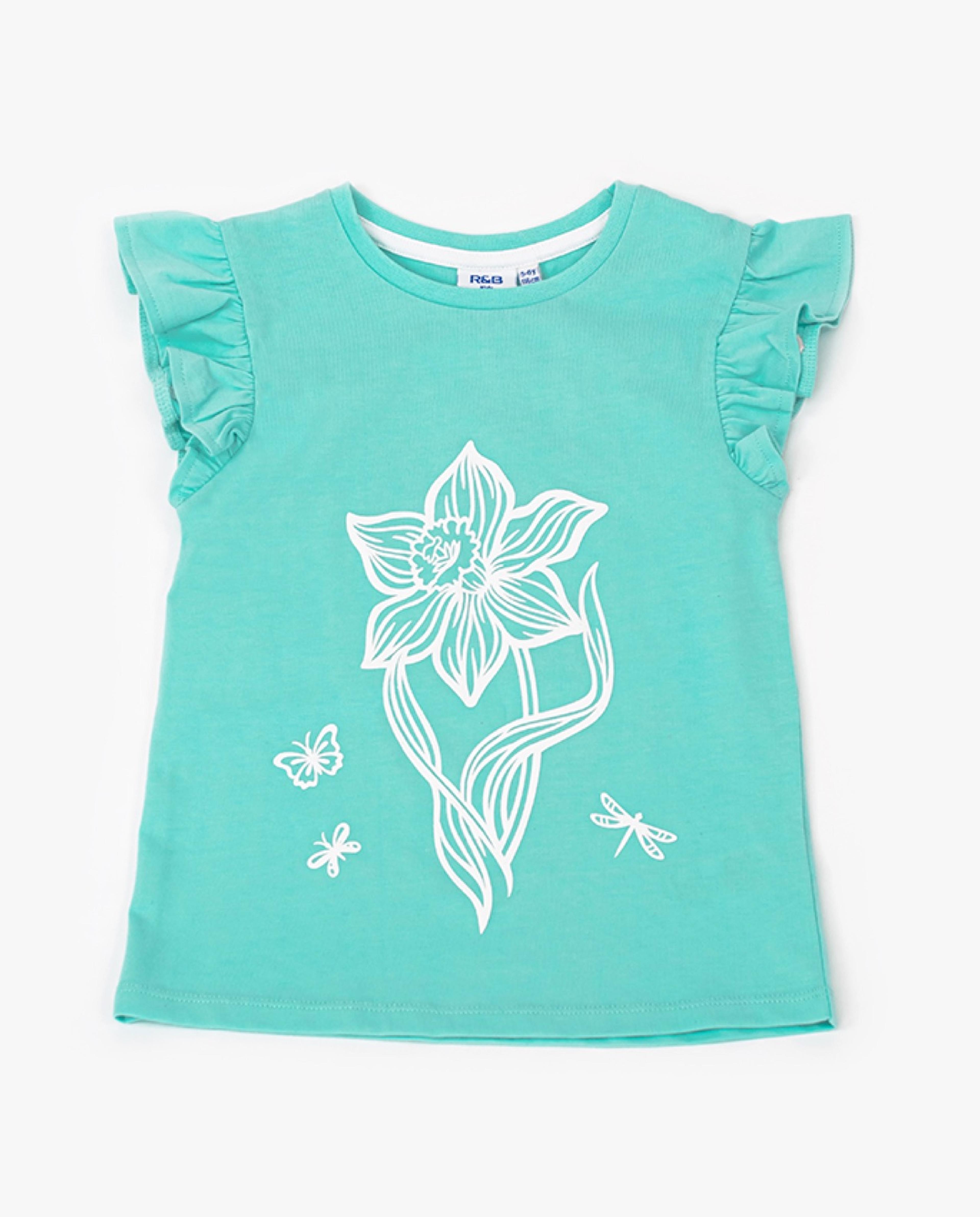 R&B Kids - Graphic Print T-Shirt with Crew Neck and Ruffle Sleeves