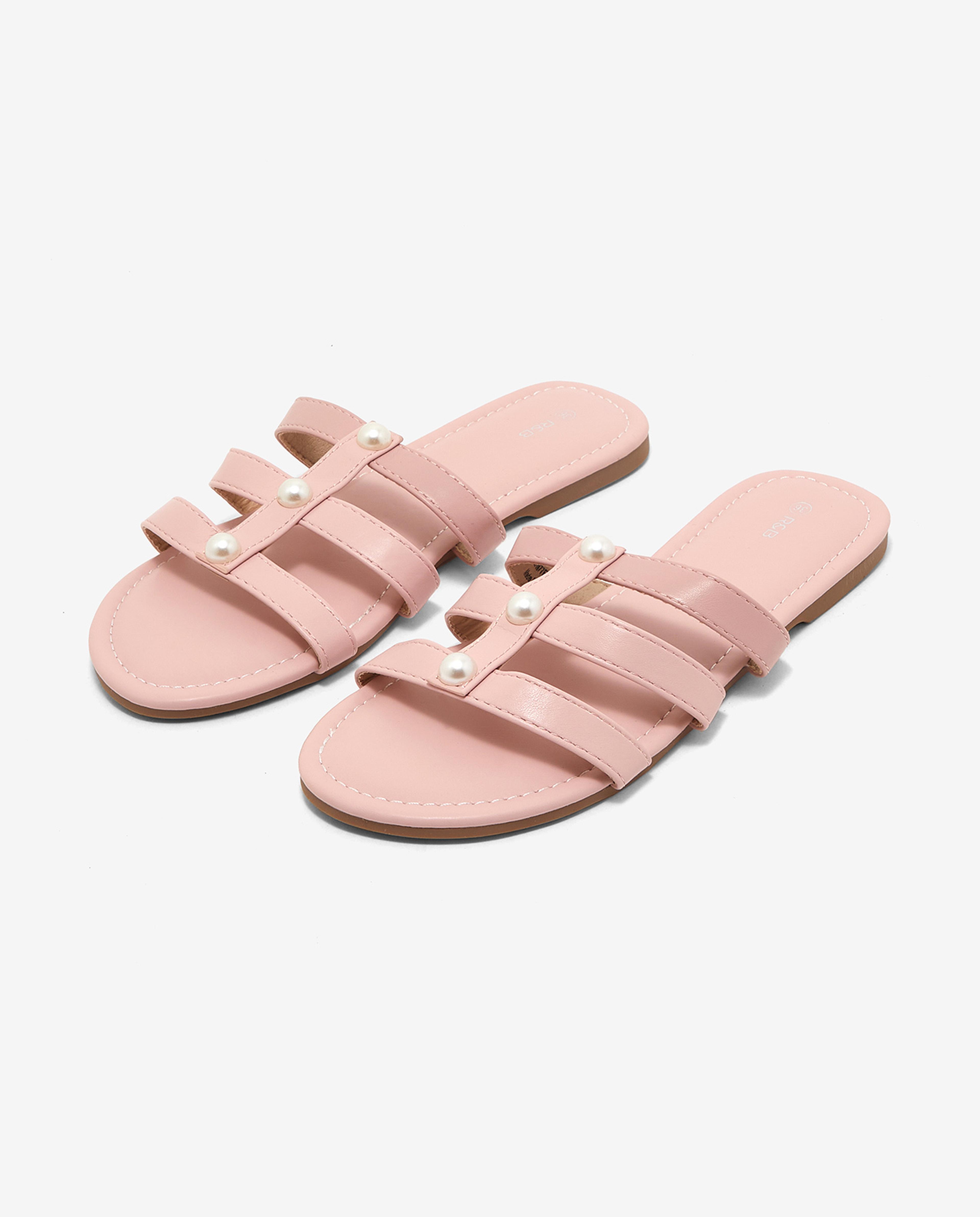 Pearl Detailed Open-Toe Flat Sandals