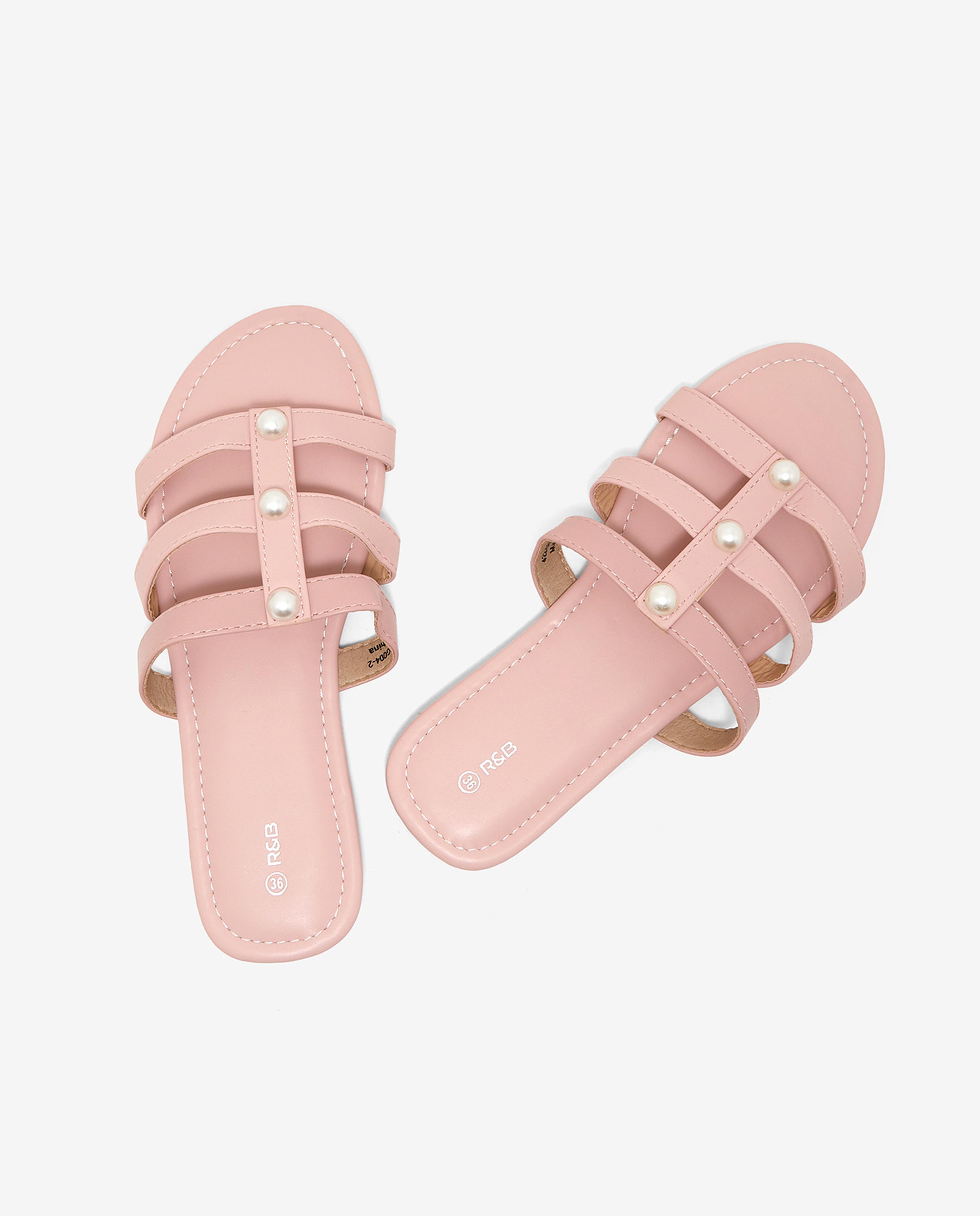 Pearl Detailed Open-Toe Flat Sandals