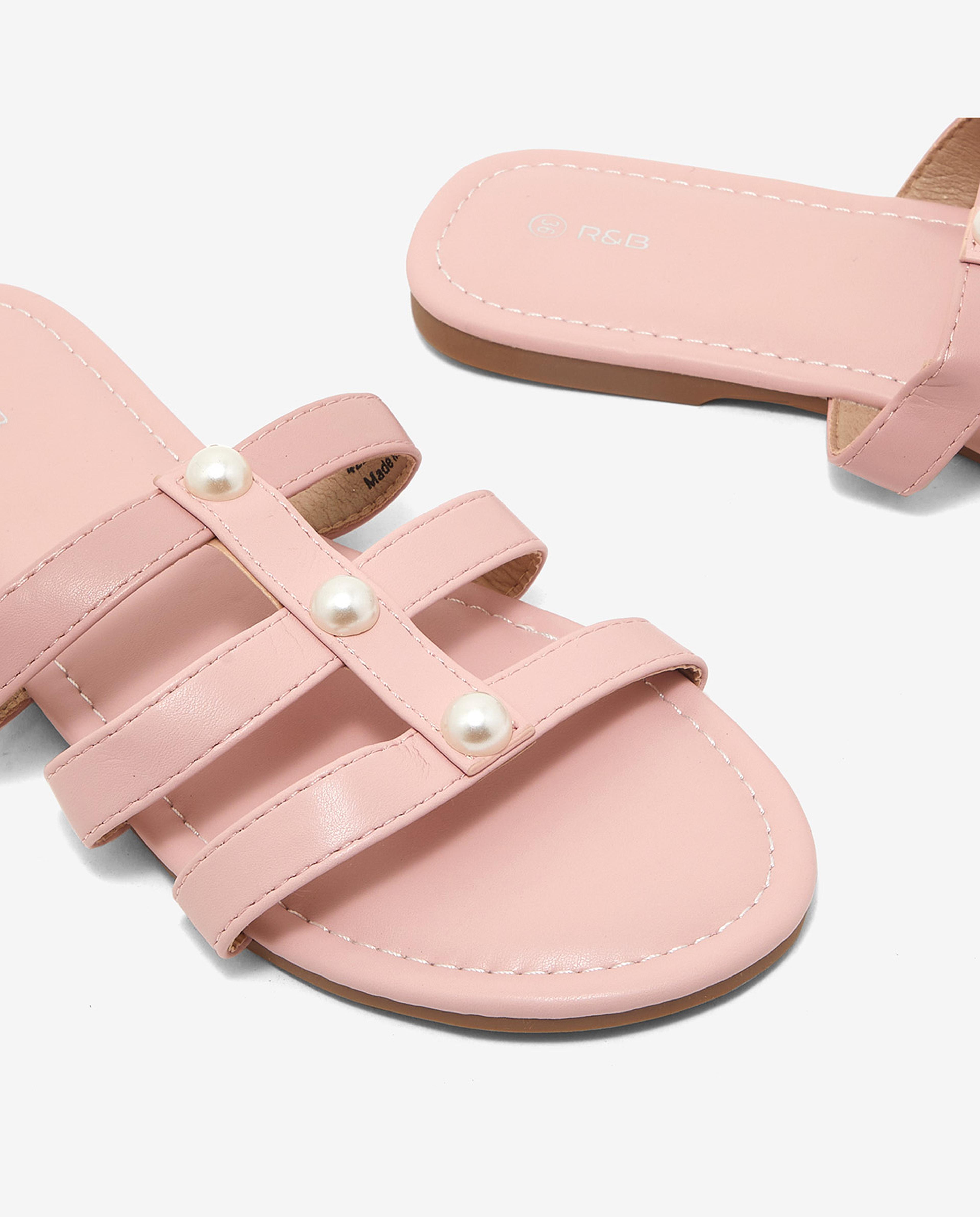 Pearl Detailed Open-Toe Flat Sandals