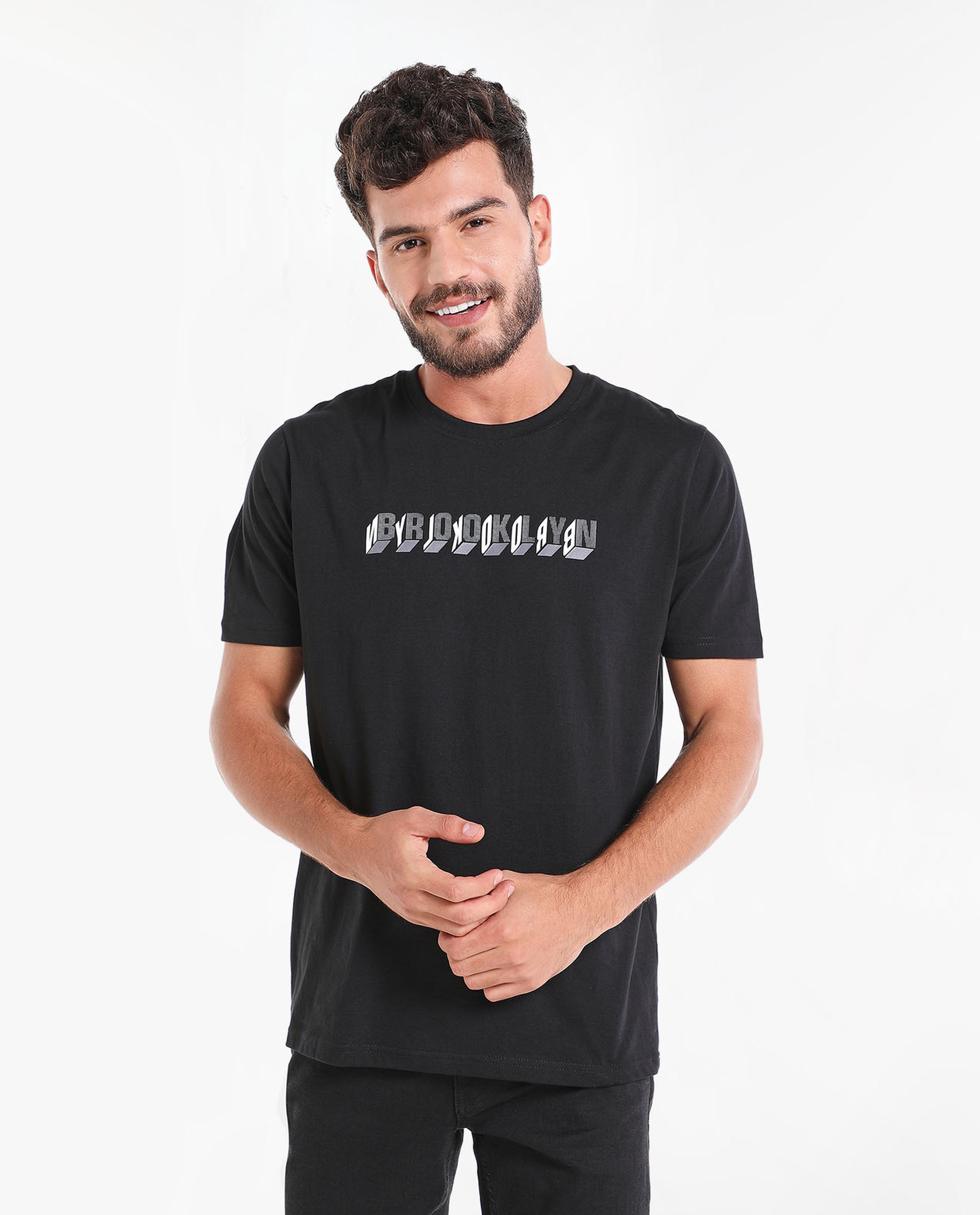 Typography Printed T-Shirt with Round Neck and Short Sleeves