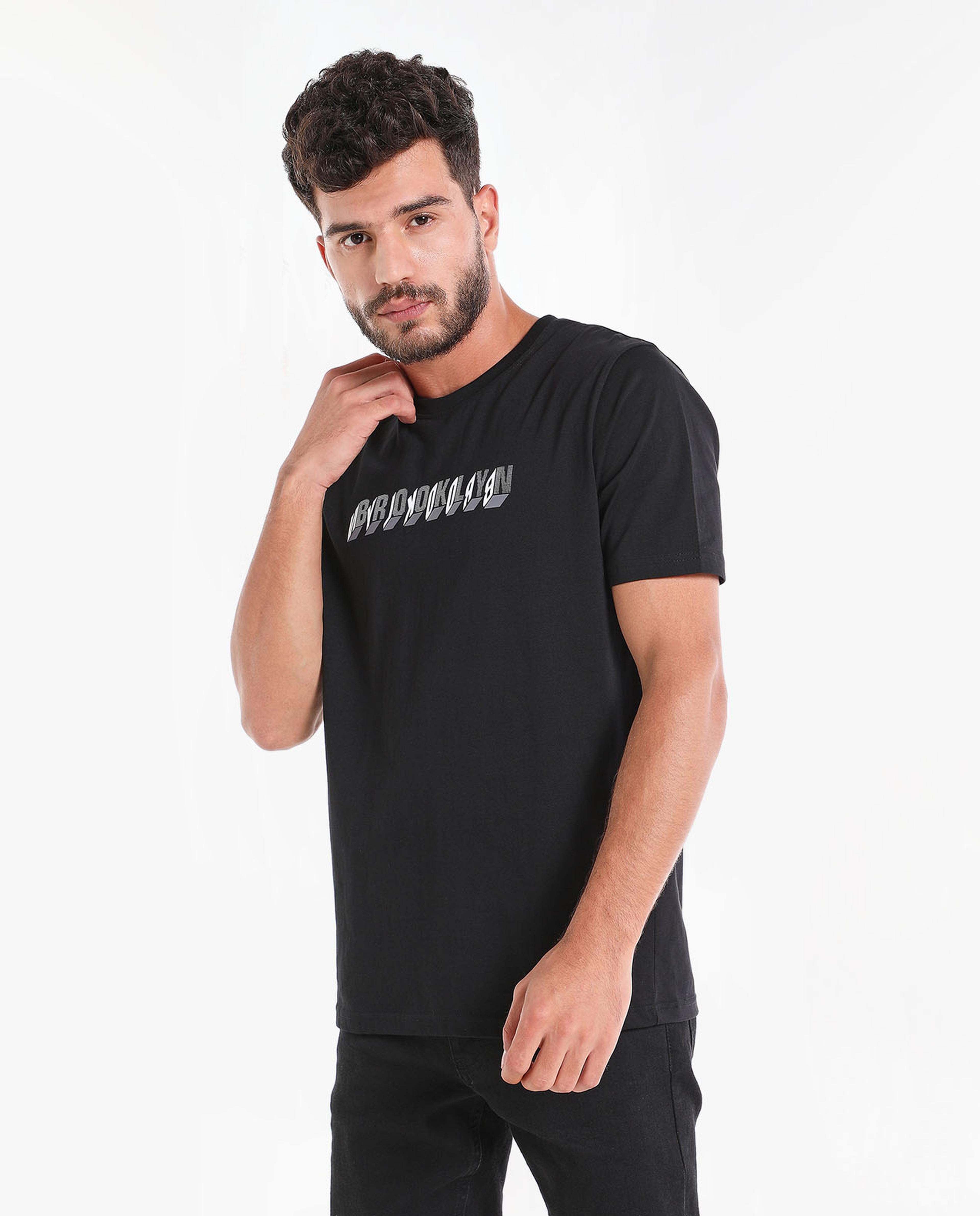 Typography Printed T-Shirt with Round Neck and Short Sleeves